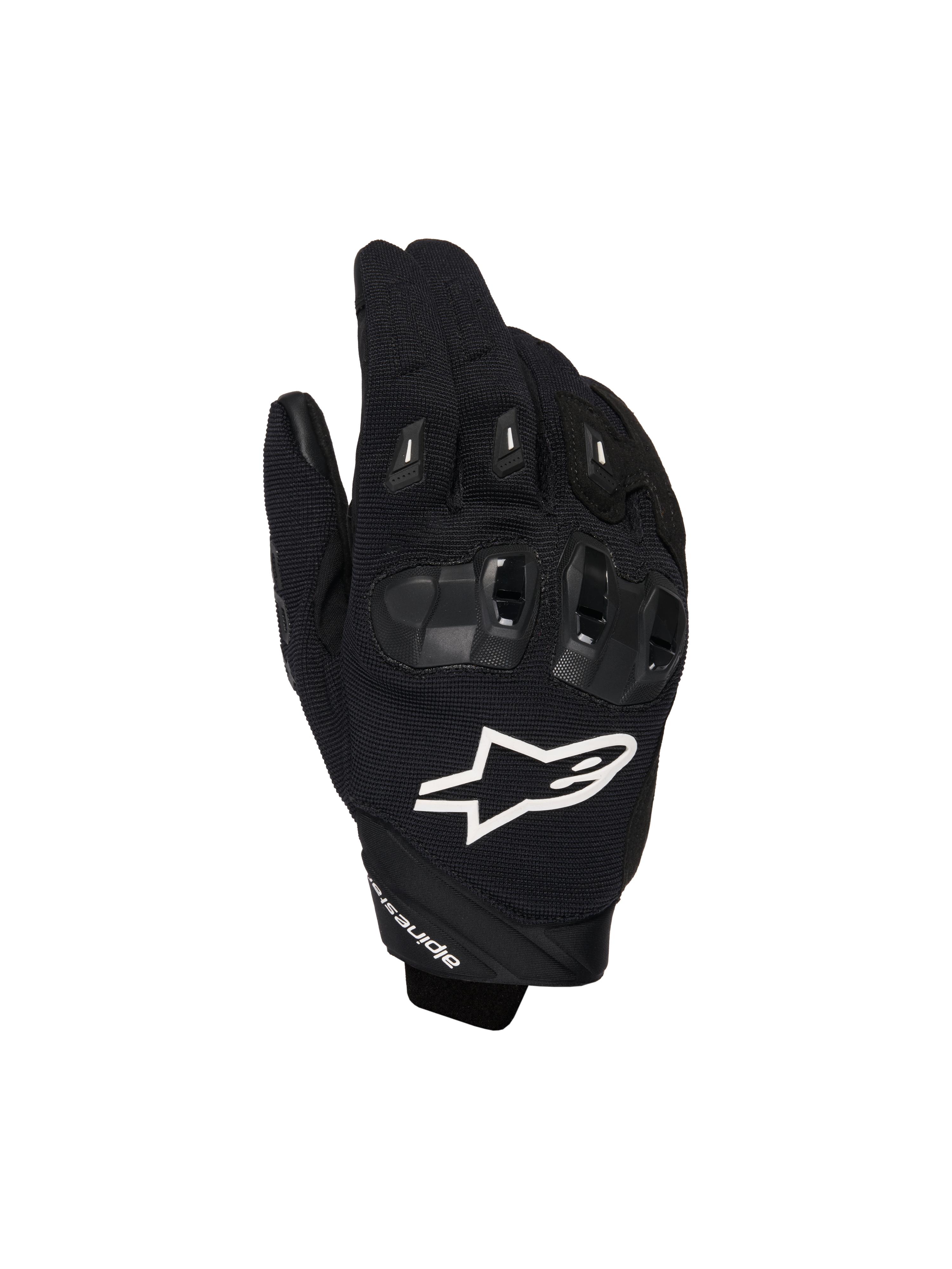 Guantes Alpinestars SP X 1, guantes deportivos para moto, negros con logotipo blanco, vista superior que muestra la protección de nudillos TPR y tejido de malla ventilada, equipo de protección para conducción en carretera y deportiva