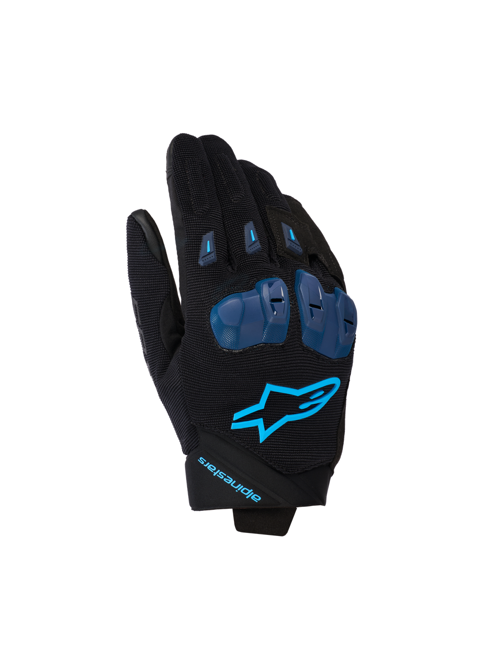Alpinestars SP X 1 Gloves, guantes de moto de competición, negro y azul Blithe, con protectores de nudillos de TPR azules, logo de estrella azul brillante en el dorso, confección en tejido elástico y diseño deportivo de alto rendimiento