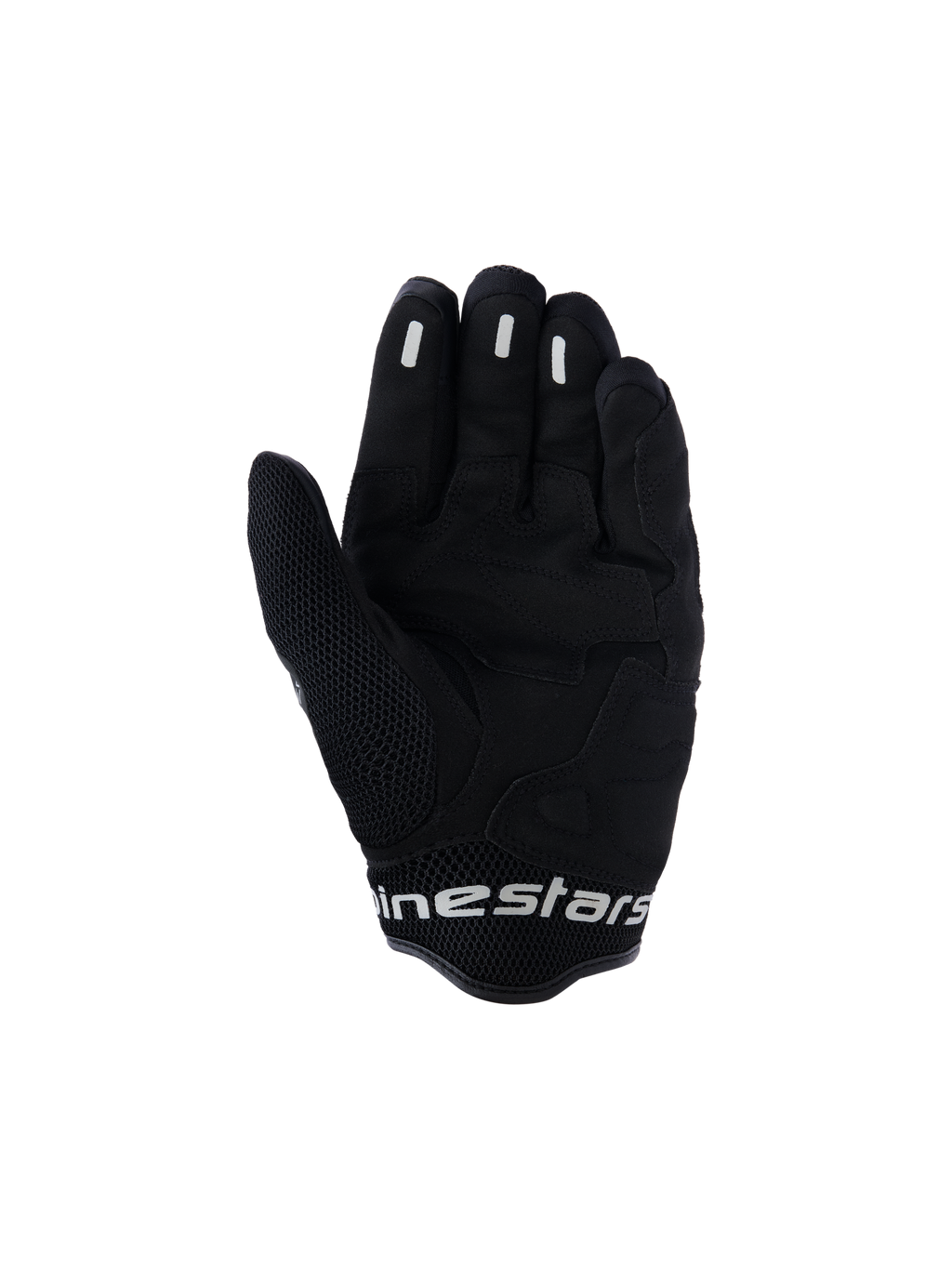 Guantes Alpinestars Mogress Airflow, guantes de moto urbanos, Negro Antracita, vista de la palma con refuerzos sintéticos y zonas de malla 3D, inserciones de silicona para agarre en los dedos, puño corto con logotipo en blanco