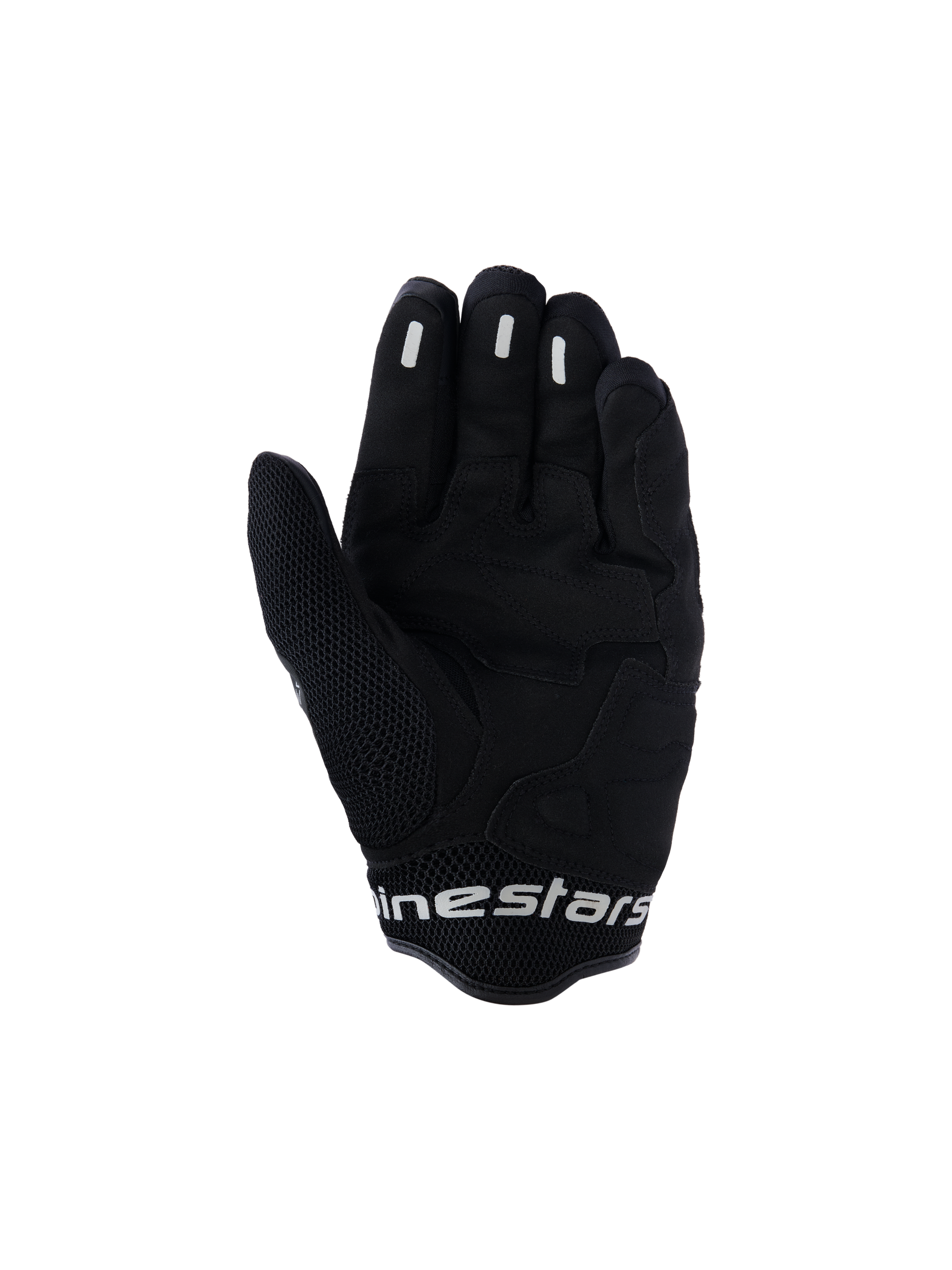 Alpinestars Mogress Airflow Gloves, Urban Motorcycle Gloves, Anthracite Black, palm view featuring synthetic reinforcements and 3D mesh zones, silicone grip inserts on fingers, short cuff with white branding