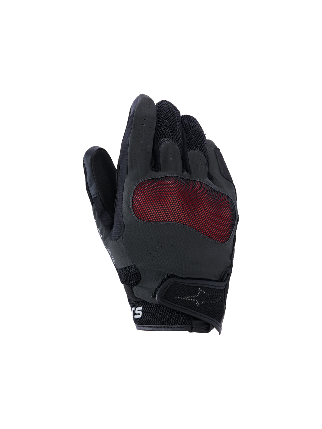 Guantes Alpinestars Mogress Airflow, guantes de moto, negros y rojos, vista del dorso con protección de nudillos de malla roja, paneles de malla 3D transpirables, diseño de puño corto con cierre de gancho y bucle, estilo de conducción urbana