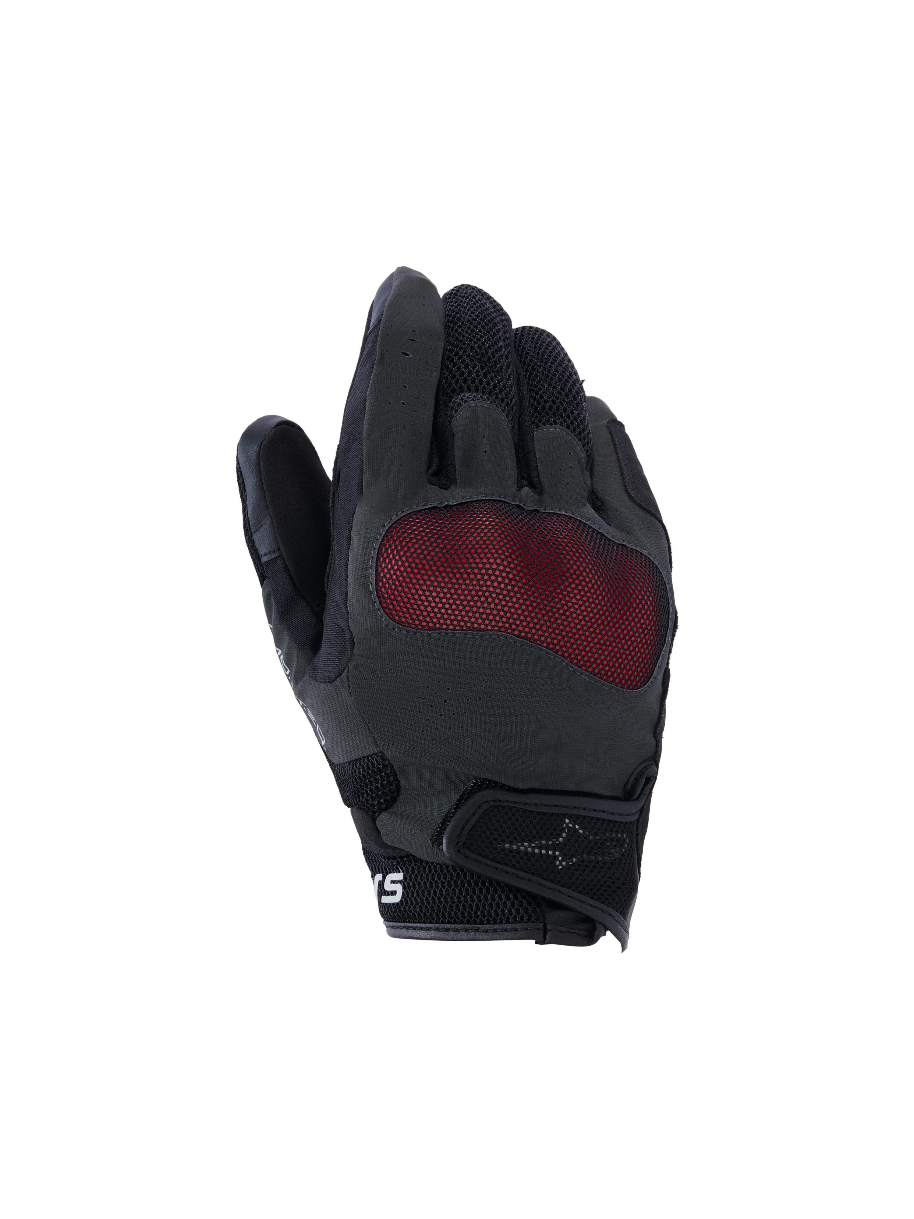 Guantes Alpinestars Mogress Airflow, guantes de moto, negros y rojos, vista del dorso con protección de nudillos de malla roja, paneles de malla 3D transpirables, diseño de puño corto con cierre de gancho y bucle, estilo de conducción urbana