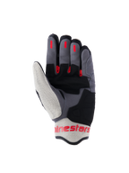 Guantes Alpinestars Mogress Airflow, guantes de moto urbanos, negro, rojo llama y crudo, vista de la palma con refuerzos de ante sintético, inserciones de silicona roja para agarre en los dedos y paneles de malla transpirable en el pulgar y el puño.