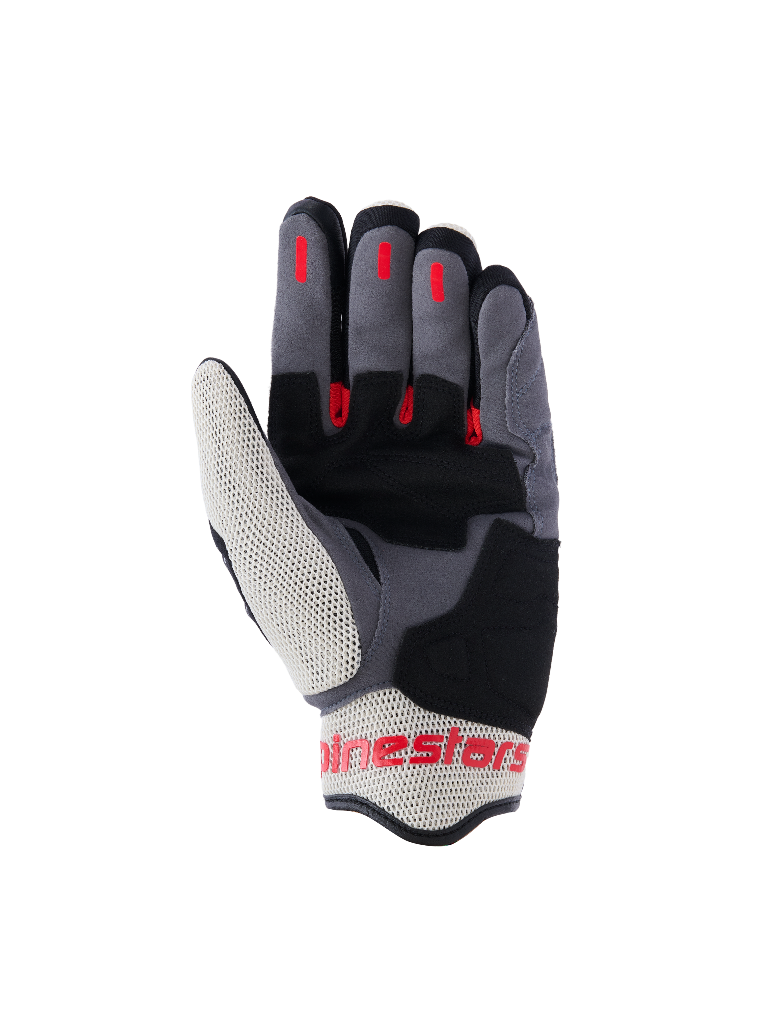 Guantes Alpinestars Mogress Airflow, guantes de moto urbanos, negro, rojo llama y crudo, vista de la palma con refuerzos de ante sintético, inserciones de silicona roja para agarre en los dedos y paneles de malla transpirable en el pulgar y el puño.
