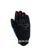Guantes Alpinestars Mogress Airflow, guantes de moto urbanos, Fading Blue Black, vista de la palma con cuero sintético reforzado y costuras blancas en contraste, inserciones de agarre de silicona roja en las puntas de los dedos y puño de malla 3D negra con logotipo blanco.