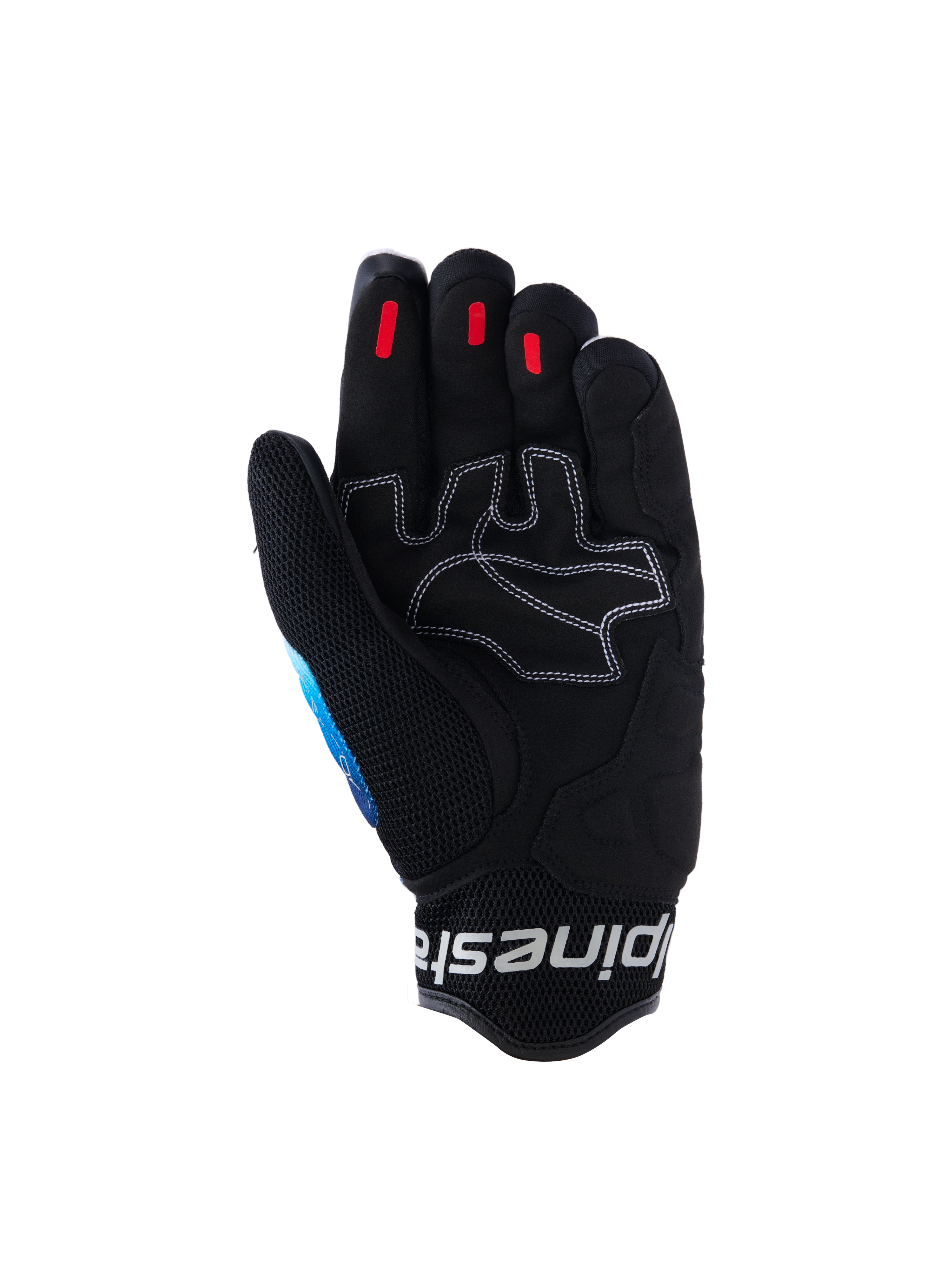 Guantes Alpinestars Mogress Airflow, guantes de moto urbanos, Fading Blue Black, vista de la palma con cuero sintético reforzado y costuras blancas en contraste, inserciones de agarre de silicona roja en las puntas de los dedos y puño de malla 3D negra con logotipo blanco.