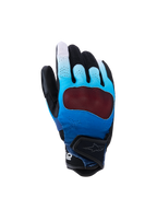 Guantes Alpinestars Mogress Airflow, guantes de moto, azul degradado y negro, con un protector de nudillos rojo translúcido, dorso perforado transpirable con paneles de malla 3D, puño corto con correa ajustable y diseño para conducción urbana