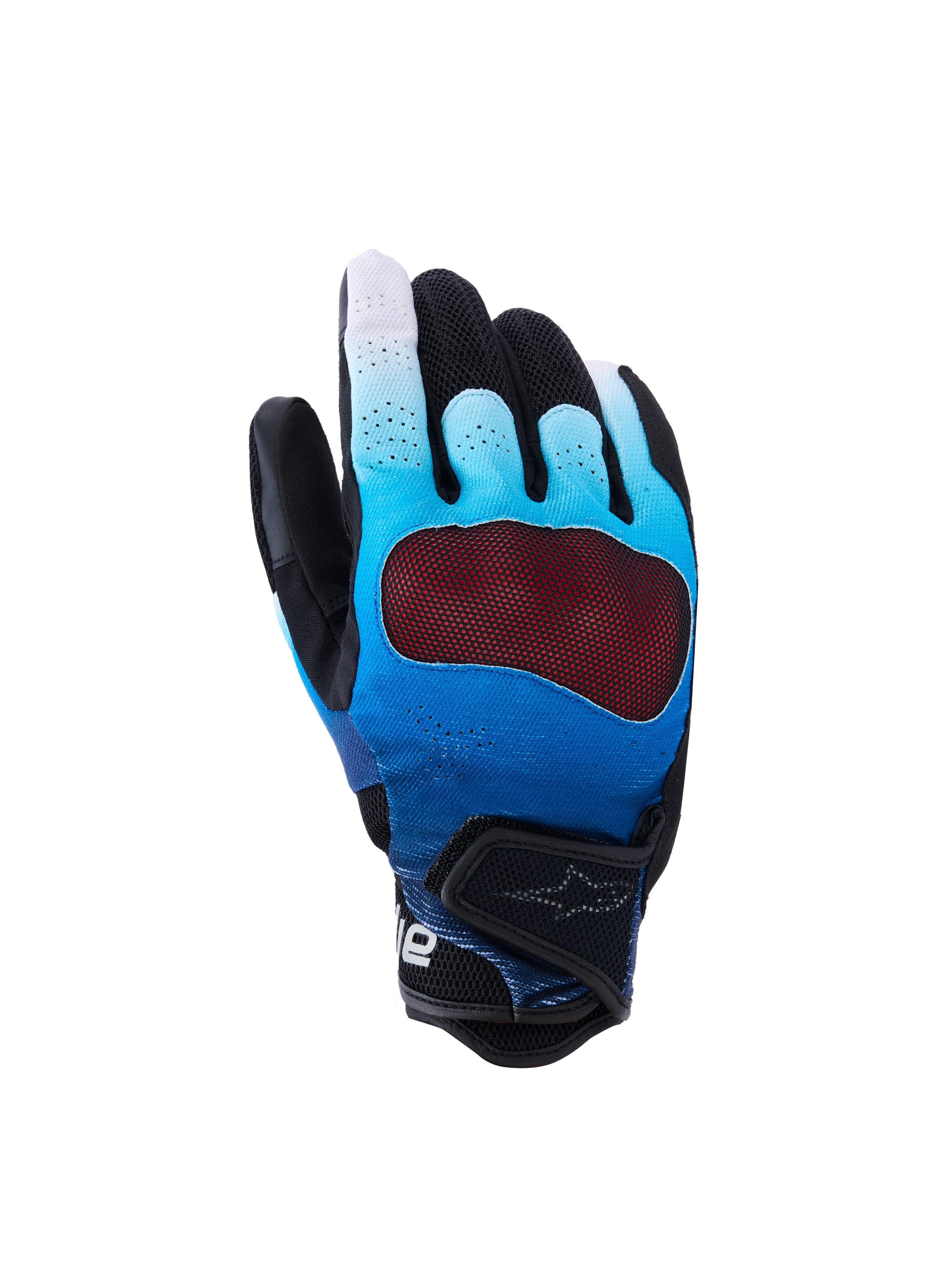 Guantes Alpinestars Mogress Airflow, guantes de moto, azul degradado y negro, con un protector de nudillos rojo translúcido, dorso perforado transpirable con paneles de malla 3D, puño corto con correa ajustable y diseño para conducción urbana