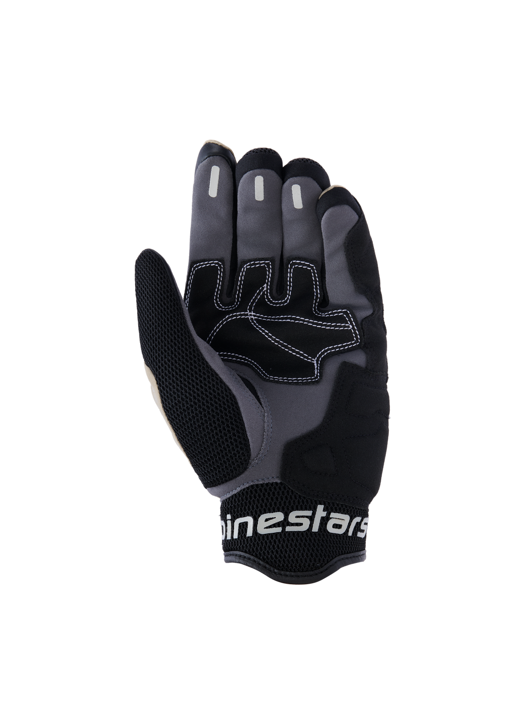 Guantes Alpinestars Mogress Airflow, guantes de moto urbanos, negro aluminio y gris, vista de la palma con refuerzos sintéticos y costuras blancas en contraste, zonas de agarre de silicona en los dedos y puño de malla 3D transpirable con la marca Alpinestars en blanco.