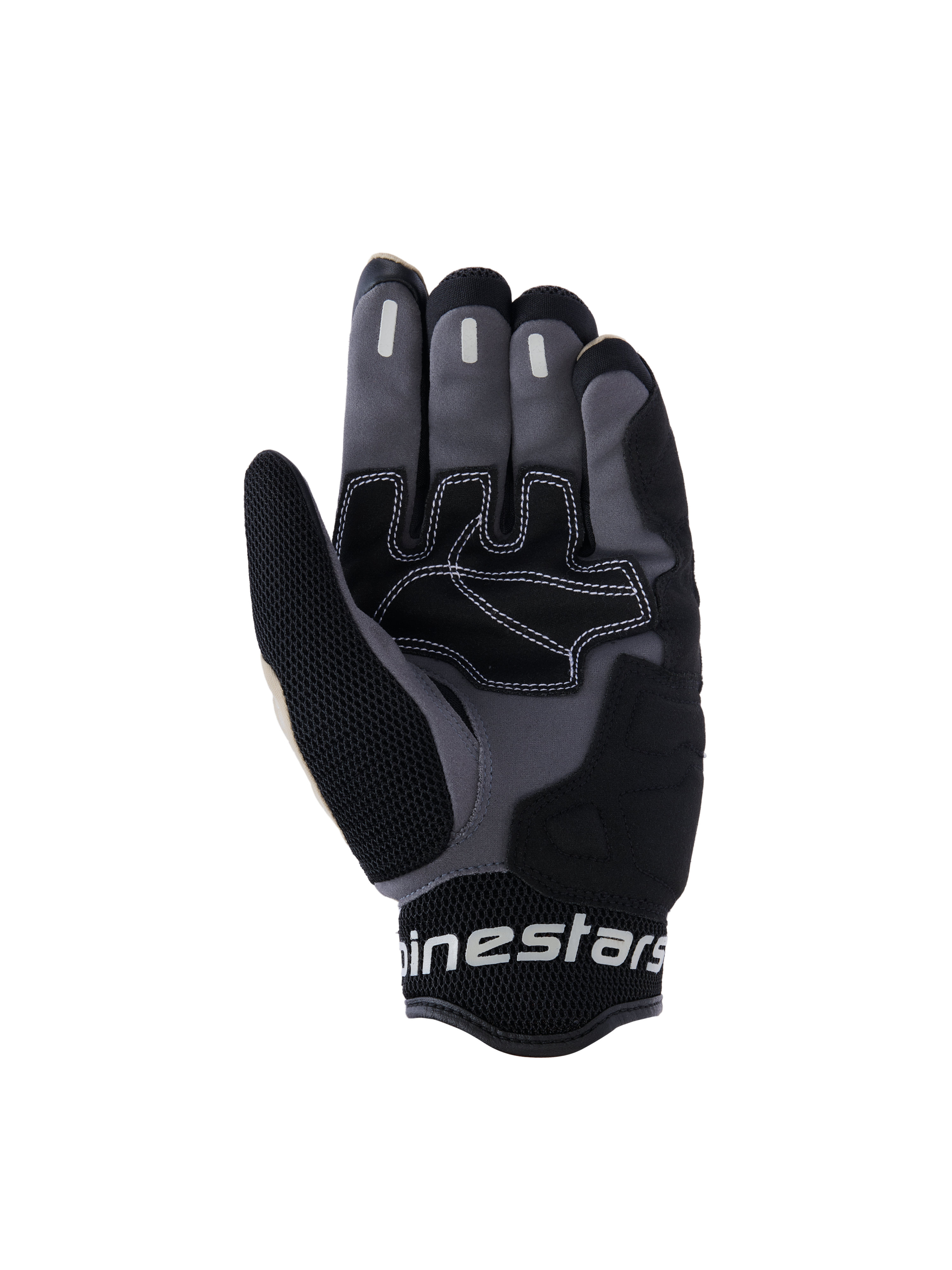 Guantes Alpinestars Mogress Airflow, guantes de moto urbanos, negro aluminio y gris, vista de la palma con refuerzos sintéticos y costuras blancas en contraste, zonas de agarre de silicona en los dedos y puño de malla 3D transpirable con la marca Alpinestars en blanco.