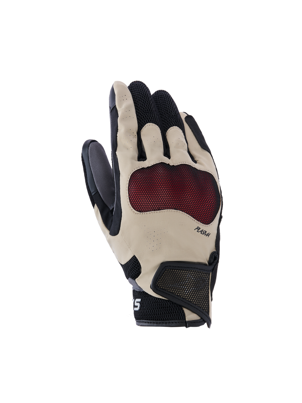 Guantes Alpinestars Mogress Airflow, guantes de moto, beige, negro y rojo, con protección de nudillos Nucleon Plasma roja, dedos perforados con láser, paneles de malla 3D para el flujo de aire y puño corto con correa de velcro