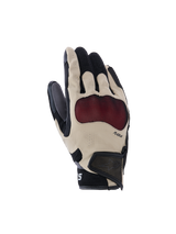 Alpinestars Mogress Airflow Gloves, guantes de moto unisex, beige, negro y rojo, con perforaciones transpirables, área acolchada texturizada roja en el dorso, dedos negros con detalles beige, muñeca de malla negra con cierre de velcro, diseño deportivo ergonómico