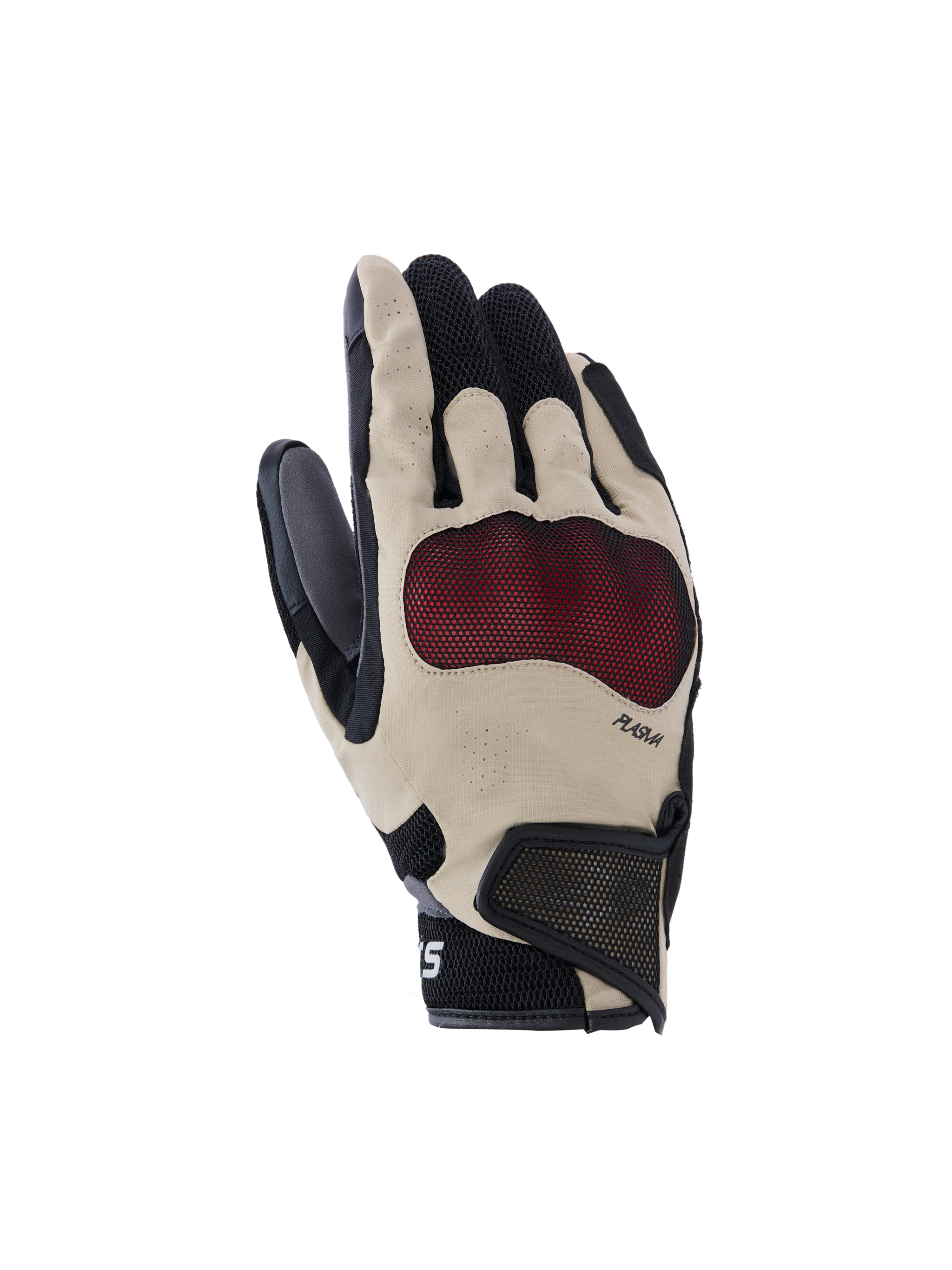 Alpinestars Mogress Airflow Gloves, guantes de moto unisex, beige, negro y rojo, con perforaciones transpirables, área acolchada texturizada roja en el dorso, dedos negros con detalles beige, muñeca de malla negra con cierre de velcro, diseño deportivo ergonómico