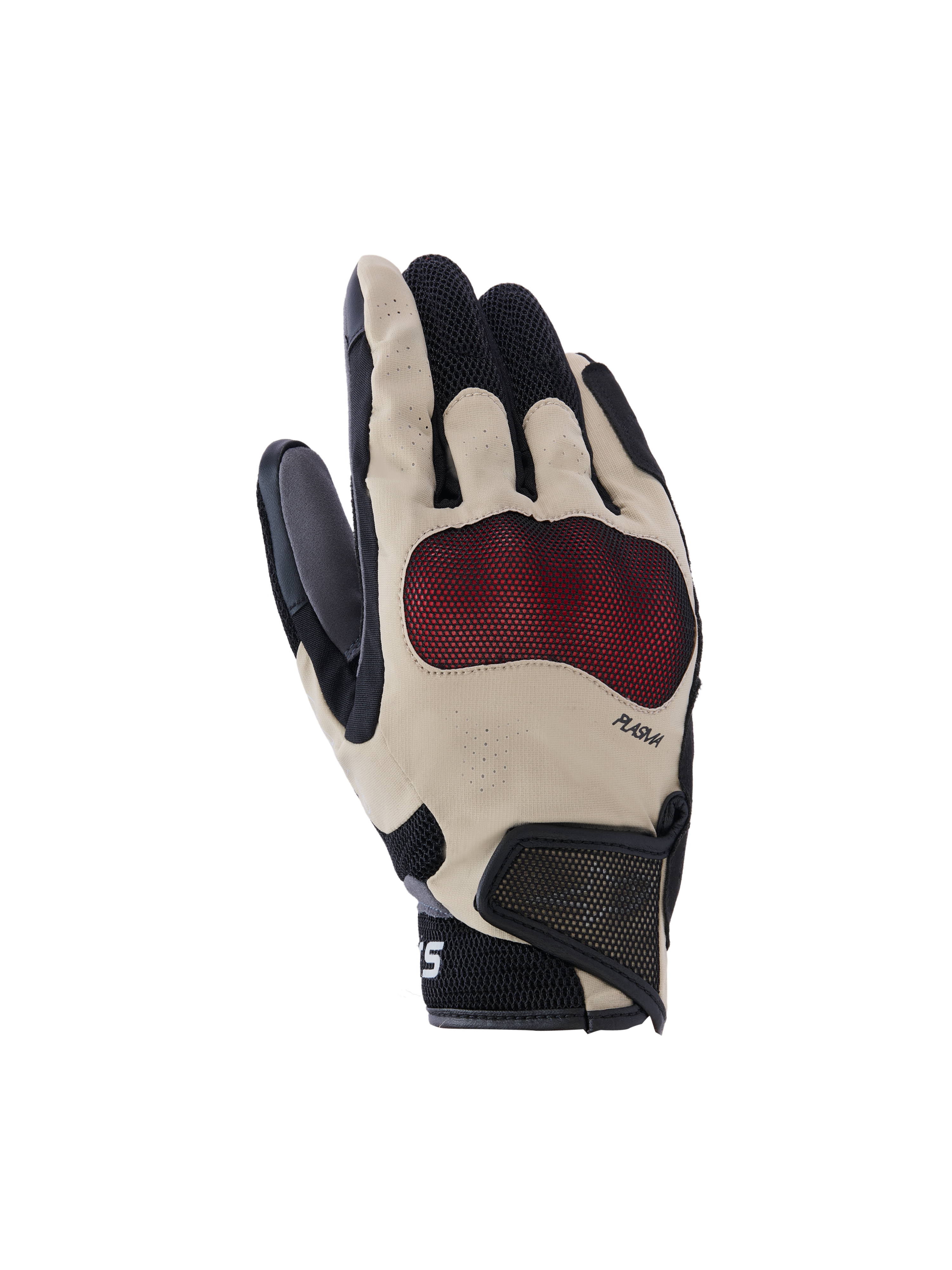 Guantes Alpinestars Mogress Airflow, guantes de moto, beige, negro y rojo, con protección de nudillos Nucleon Plasma roja, dedos perforados con láser, paneles de malla 3D para el flujo de aire y puño corto con correa de velcro
