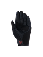 Guantes Alpinestars Manti Air, guantes de moto para aventura, negros, vista de la palma con cuero reforzado, malla transpirable en el pulgar y logotipo circular 'AS' en rojo en el cierre de la muñeca.