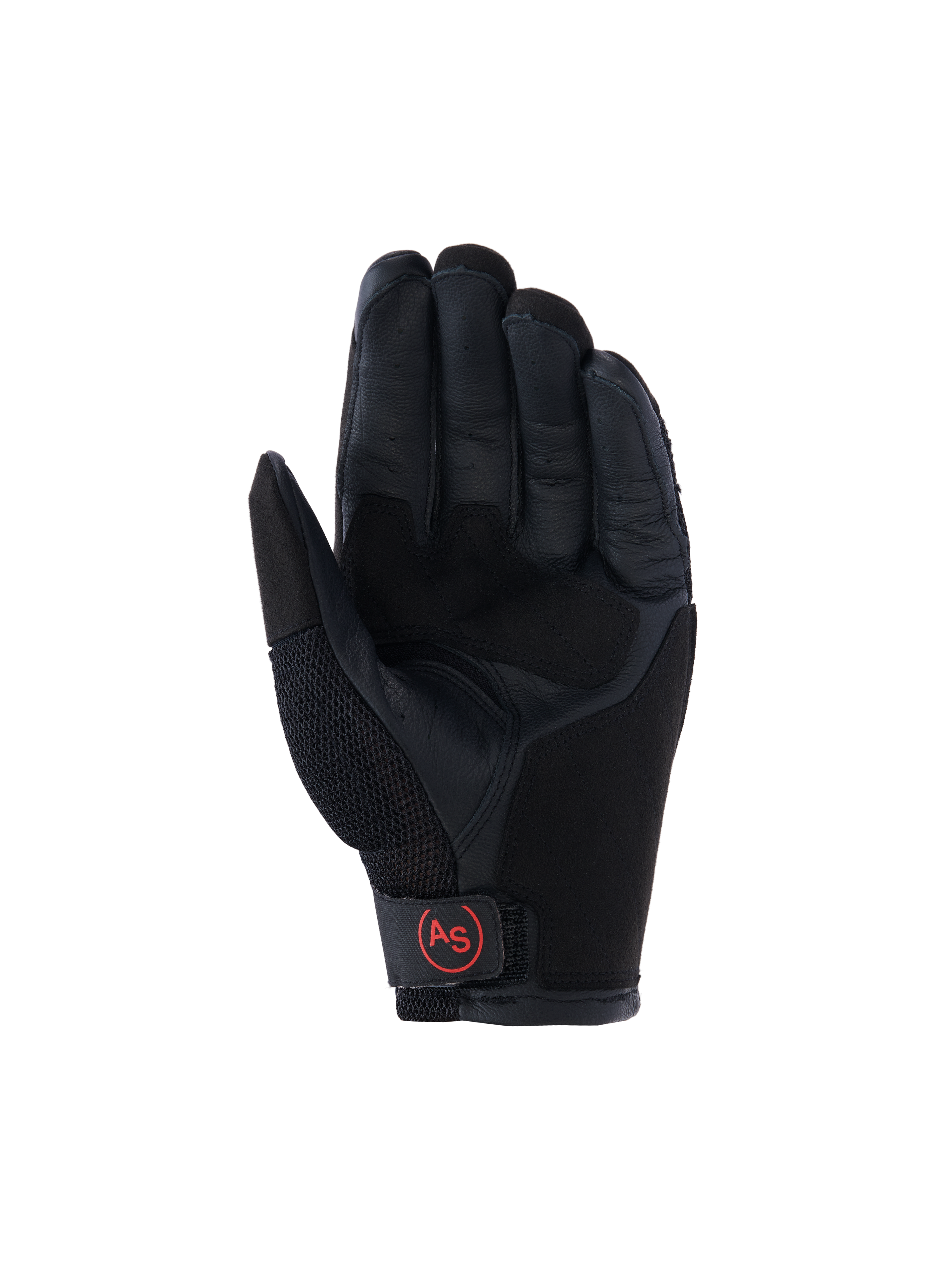 Guantes Alpinestars Manti Air, guantes de moto para aventura, negros, vista de la palma con cuero reforzado, malla transpirable en el pulgar y logotipo circular 'AS' en rojo en el cierre de la muñeca.