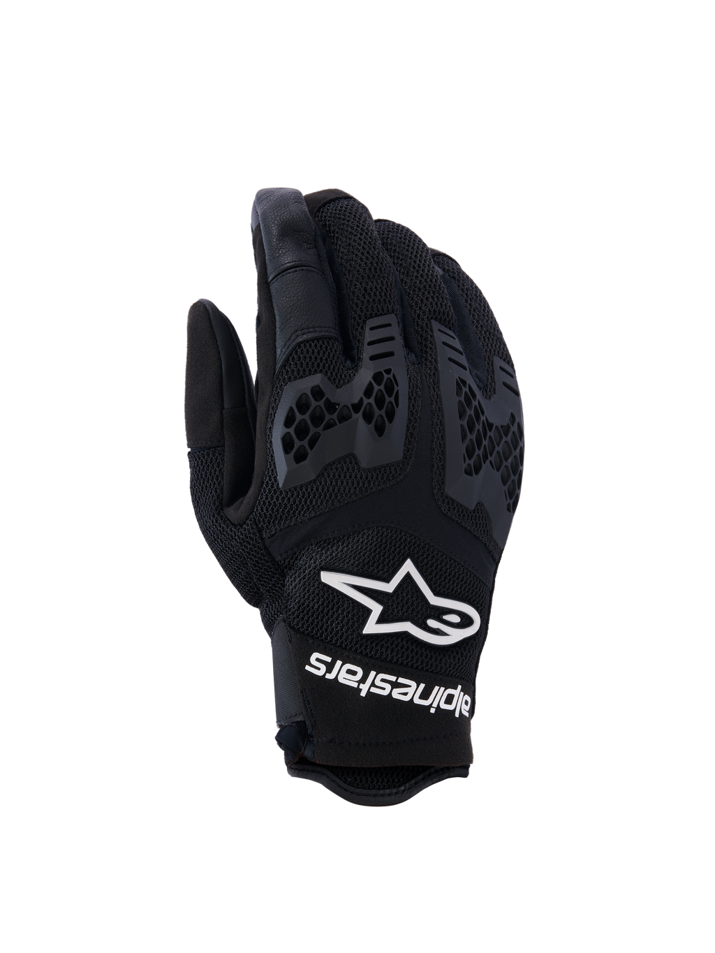 Guantes Alpinestars Manti Air, guantes de moto negros, con malla transpirable y protección de nudillos con patrón de panal texturizado, logo y texto de Alpinestars en blanco en la muñeca, diseño ligero para rutas de aventura en verano