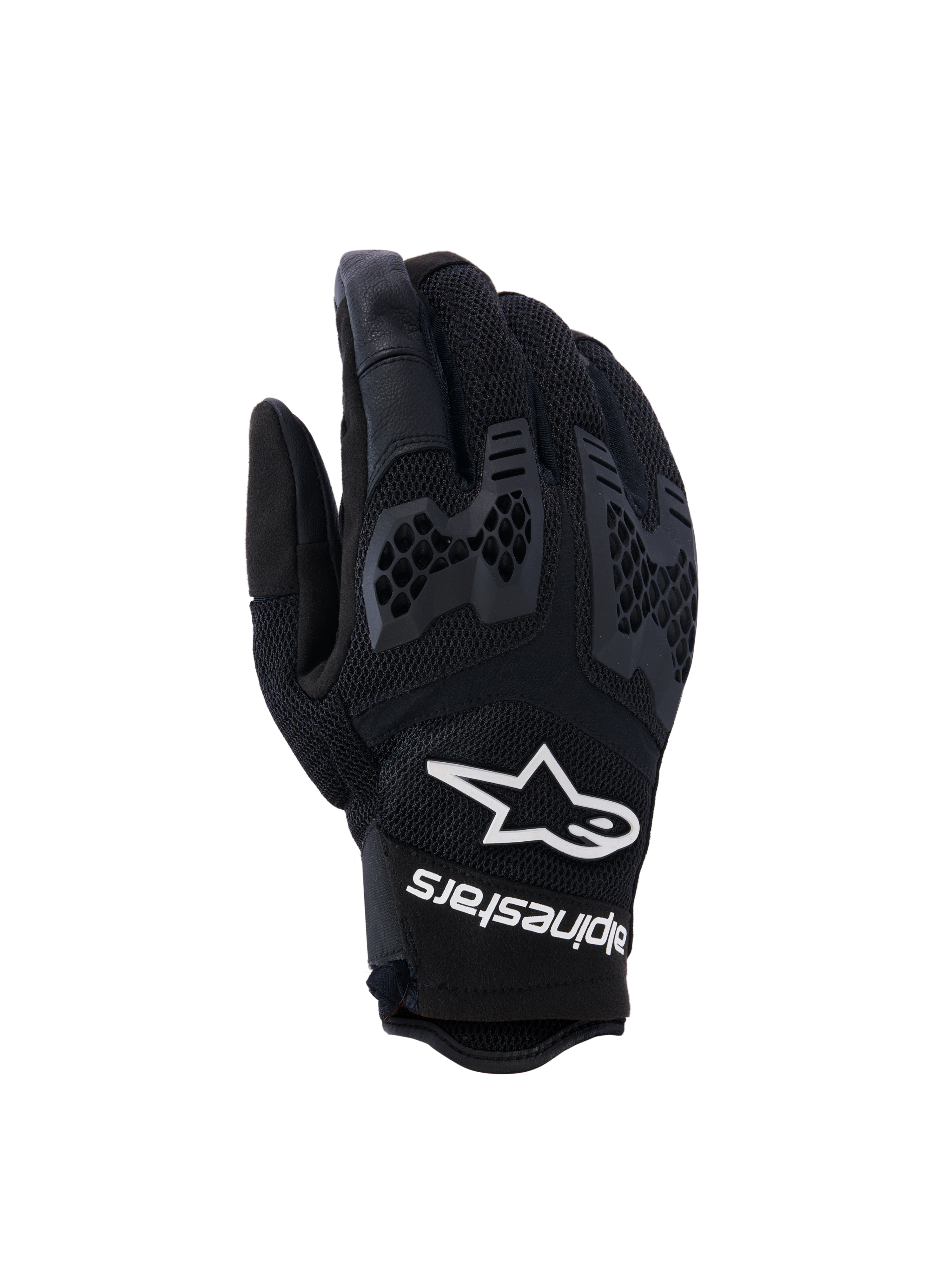 Guantes Alpinestars Manti Air, guantes de moto negros, con malla transpirable y protección de nudillos con patrón de panal texturizado, logo y texto de Alpinestars en blanco en la muñeca, diseño ligero para rutas de aventura en verano