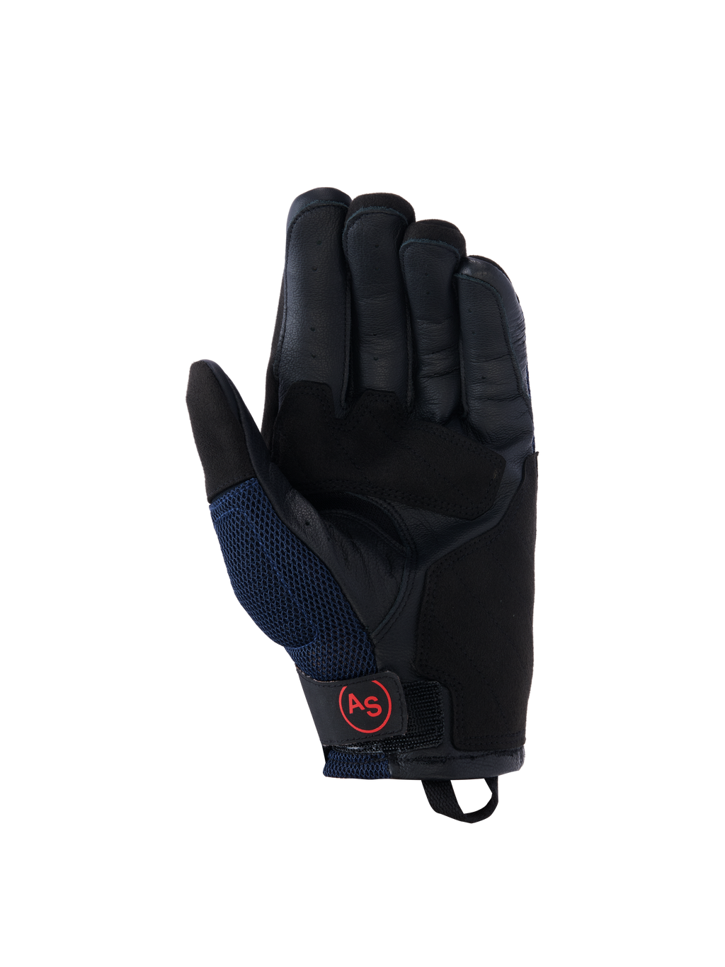 Guantes Alpinestars Manti Air, guantes de moto en azul oscuro y negro, vista de la palma de cuero con dedos perforados, paneles laterales de malla y logotipo AS circular rojo en el cierre de la muñeca, equipo de conducción adventure