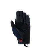 Guantes Alpinestars Manti Air, guantes de moto en azul oscuro y negro, vista de la palma de cuero con dedos perforados, paneles laterales de malla y logotipo AS circular rojo en el cierre de la muñeca, equipo de conducción adventure