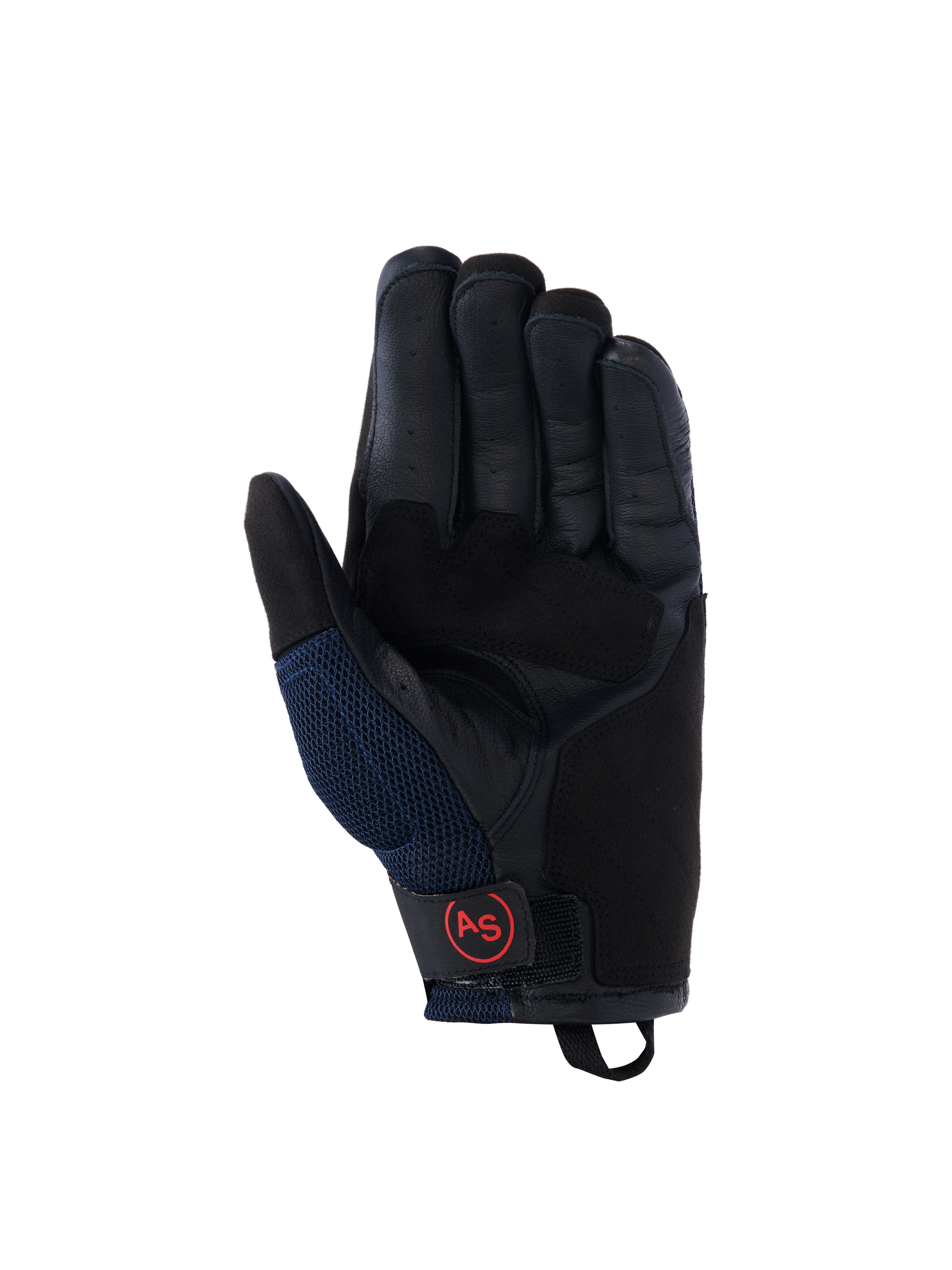 Guantes Alpinestars Manti Air, guantes de moto en azul oscuro y negro, vista de la palma de cuero con dedos perforados, paneles laterales de malla y logotipo AS circular rojo en el cierre de la muñeca, equipo de conducción adventure