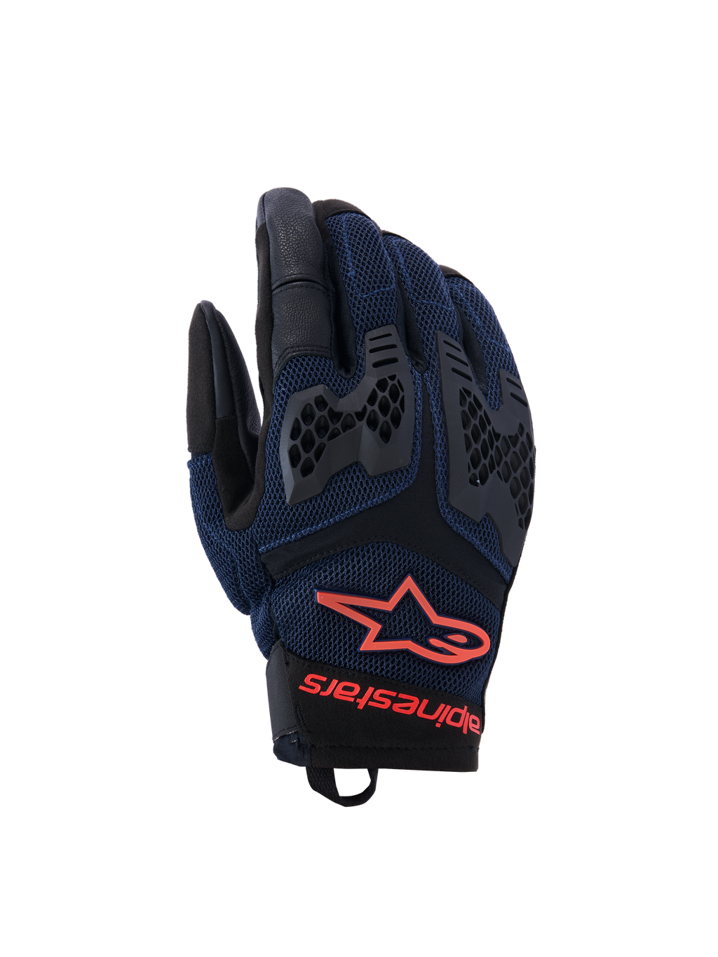 Guantes Alpinestars Manti Air, guantes para moto, azul oscuro y negro con detalles en rojo flúor, con construcción de malla transpirable y protección de nudillos de TPU tipo panal, logotipo de estrella y marca Alpinestars en la muñeca, diseñados para conducción adventure en verano