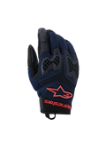Guantes Alpinestars Manti Air, guantes para moto, azul oscuro y negro con detalles en rojo flúor, con construcción de malla transpirable y protección de nudillos de TPU tipo panal, logotipo de estrella y marca Alpinestars en la muñeca, diseñados para conducción adventure en verano