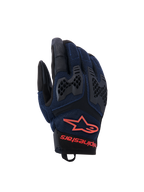 Guantes Alpinestars Manti Air, guantes para moto, azul oscuro y negro con detalles en rojo flúor, con construcción de malla transpirable y protección de nudillos de TPU tipo panal, logotipo de estrella y marca Alpinestars en la muñeca, diseñados para conducción adventure en verano