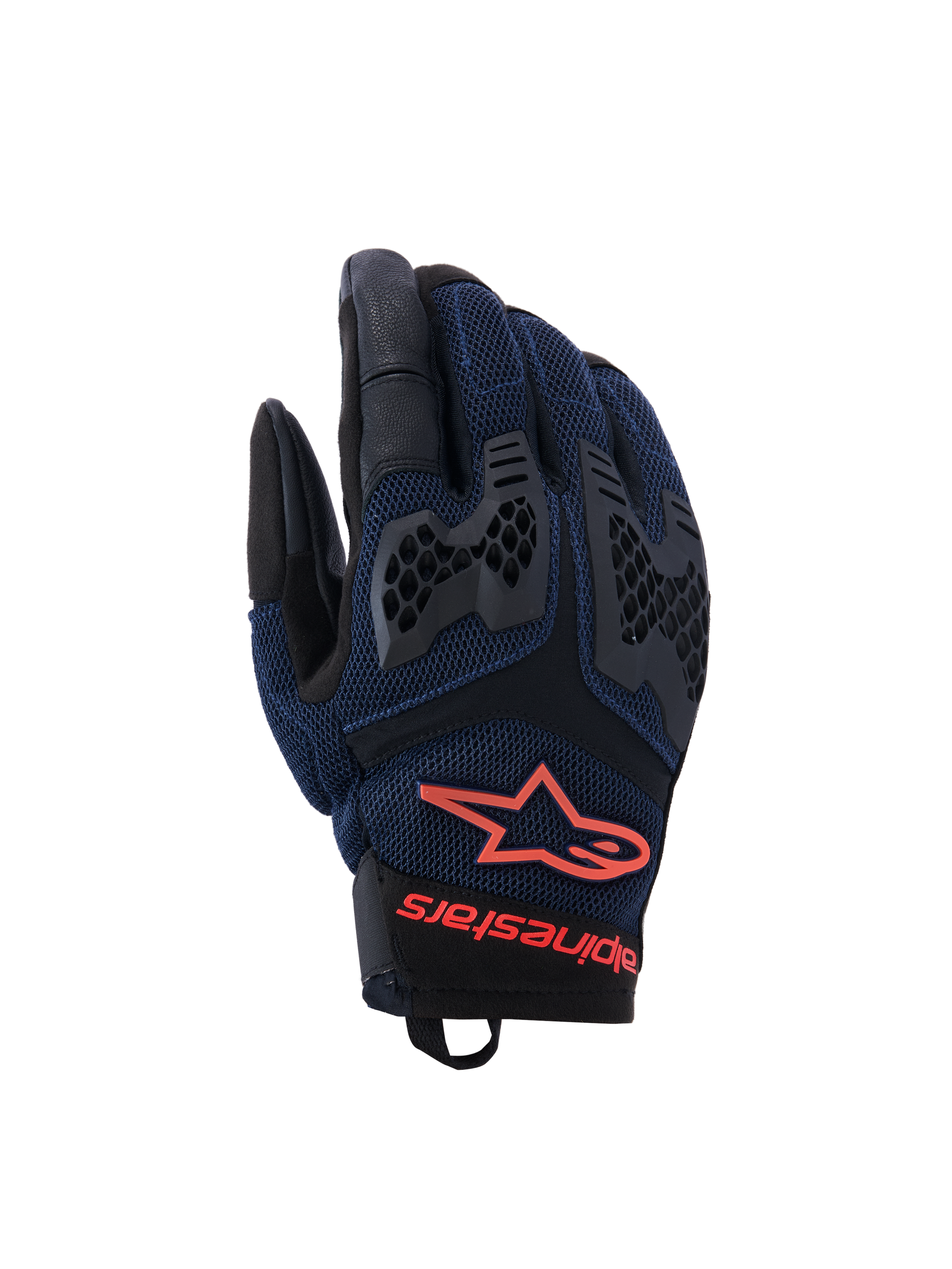 Guantes Alpinestars Manti Air, guantes para moto, azul oscuro y negro con detalles en rojo flúor, con construcción de malla transpirable y protección de nudillos de TPU tipo panal, logotipo de estrella y marca Alpinestars en la muñeca, diseñados para conducción adventure en verano