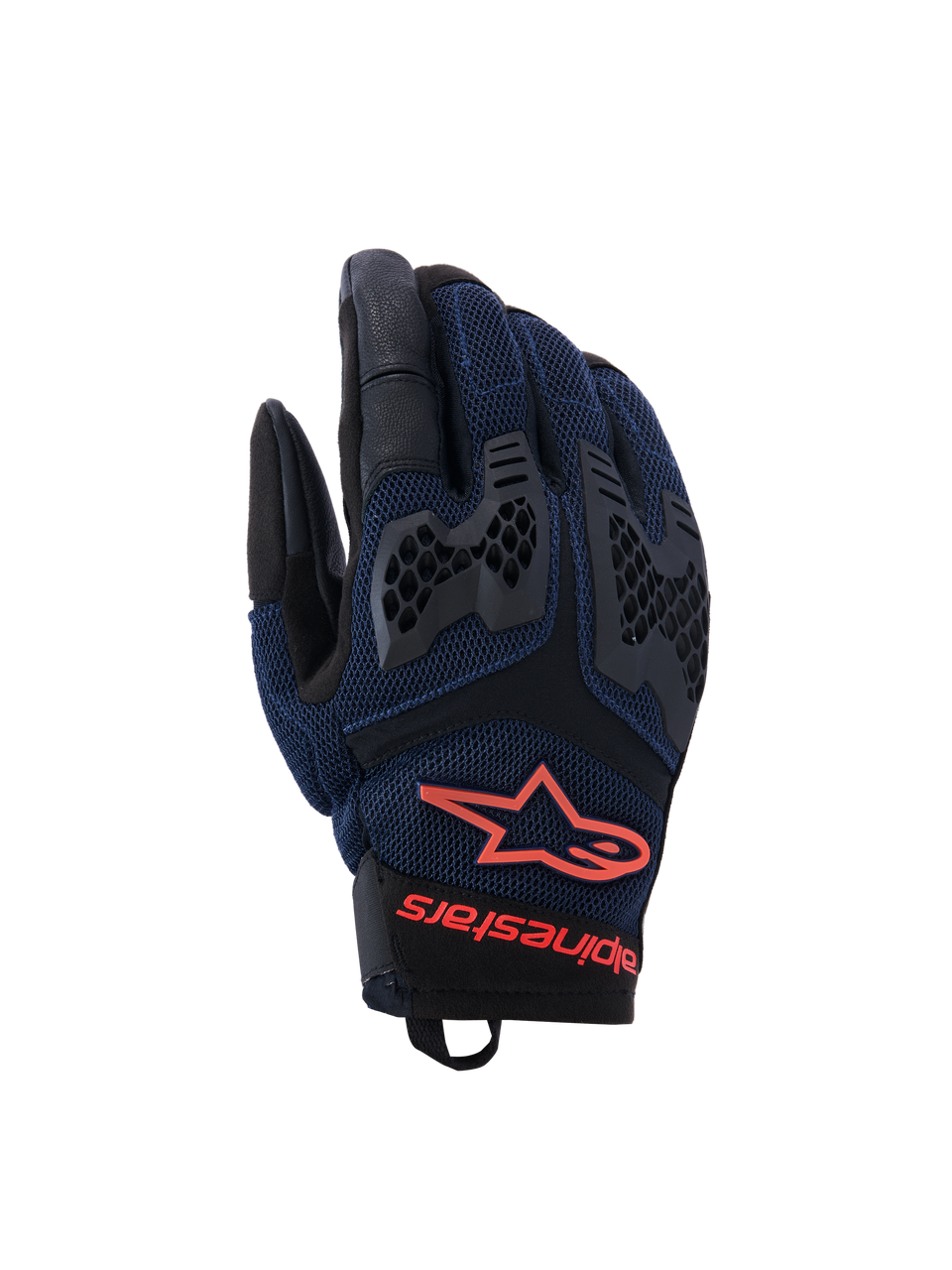 Guantes Alpinestars Manti Air, guantes para moto, azul oscuro y negro con detalles en rojo flúor, con construcción de malla transpirable y protección de nudillos de TPU tipo panal, logotipo de estrella y marca Alpinestars en la muñeca, diseñados para conducción adventure en verano