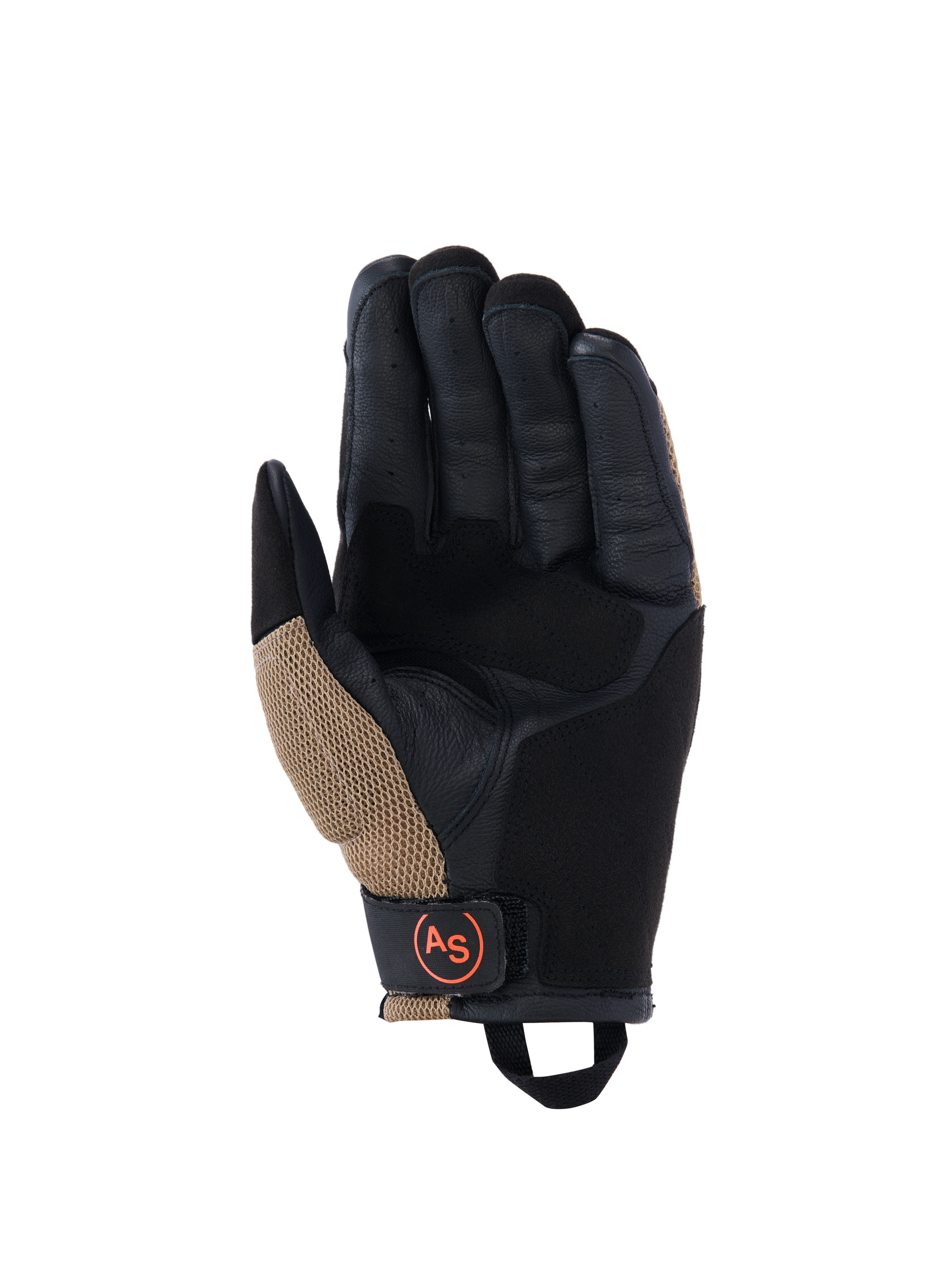 Guantes Alpinestars Manti Air, guantes de moto, caqui oscuro y negro con detalles en naranja flúor, vista de la palma con construcción de gamuza sintética, costuras externas, inserciones de malla transpirable y una correa de muñeca negra con un logotipo AS circular naranja.