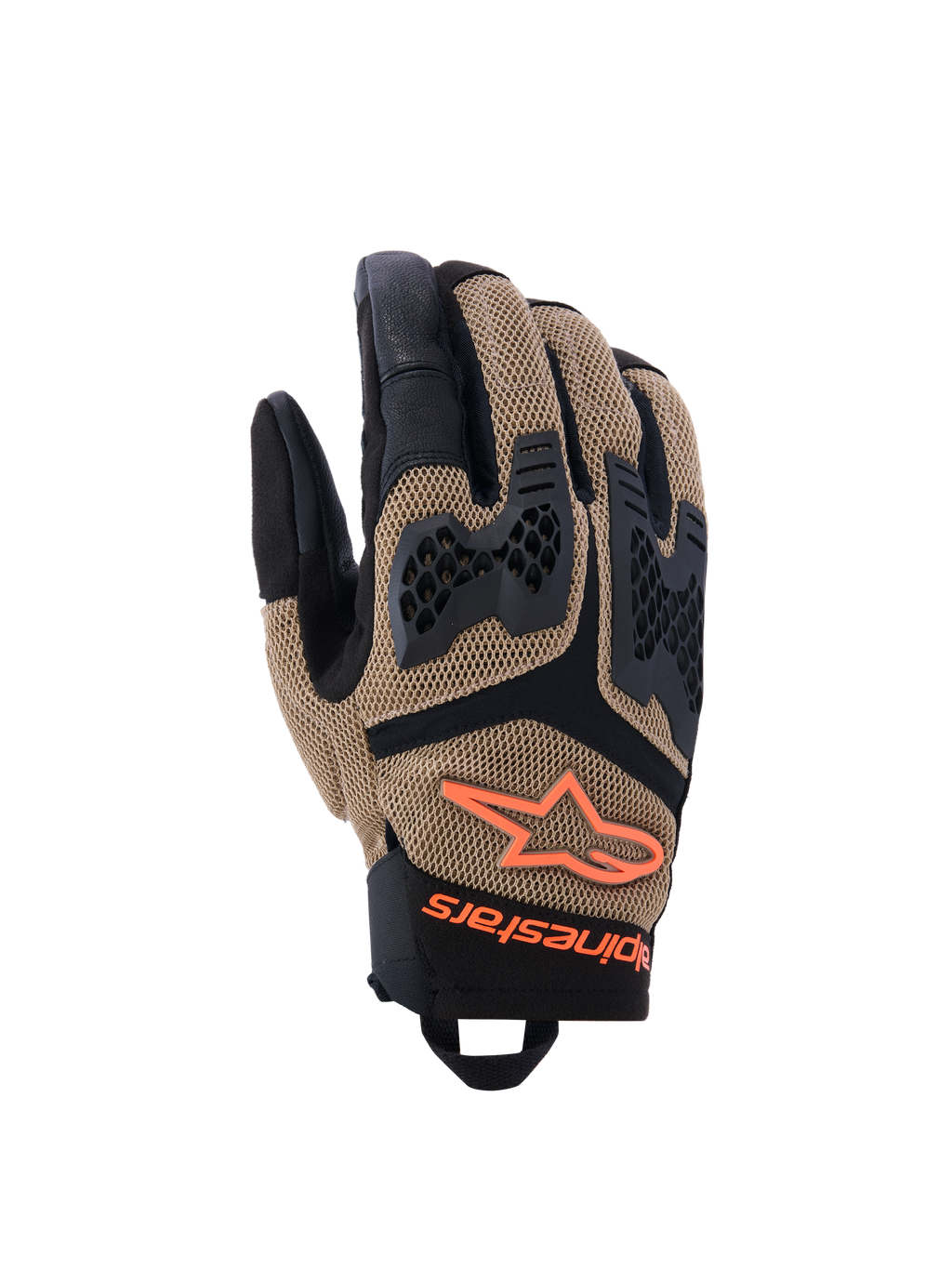 Guantes Alpinestars Manti Air, guantes de moto, caqui oscuro y negro con detalles naranja flúor, construcción de malla elástica 3D, protección de nudillos inyectada con diseño perforado, logo de estrella naranja y cierre seguro en la muñeca, diseñados para aventuras de verano y conducción en carretera