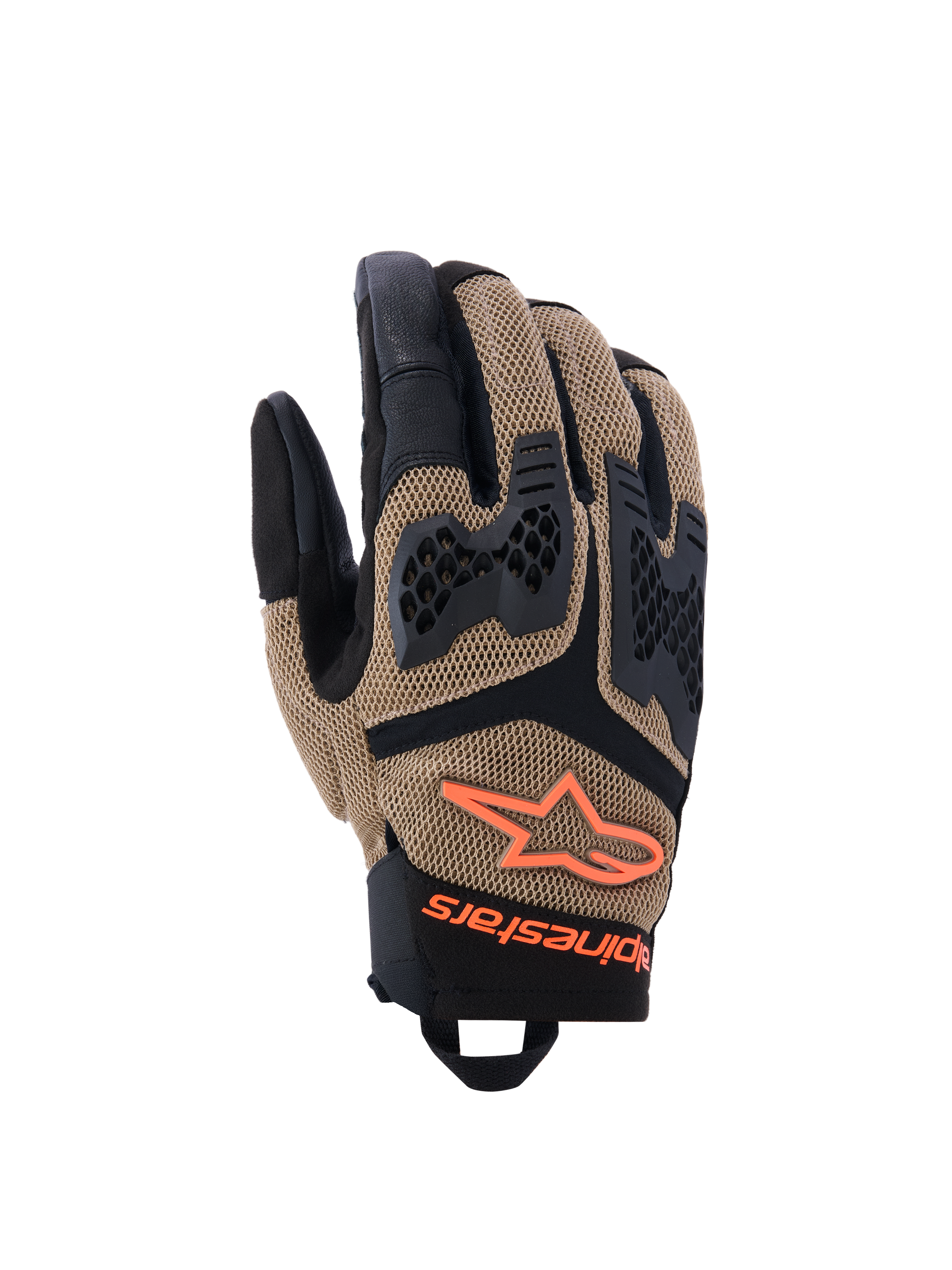 Guantes Alpinestars Manti Air, guantes de moto, caqui oscuro y negro con detalles naranja flúor, construcción de malla elástica 3D, protección de nudillos inyectada con diseño perforado, logo de estrella naranja y cierre seguro en la muñeca, diseñados para aventuras de verano y conducción en carretera