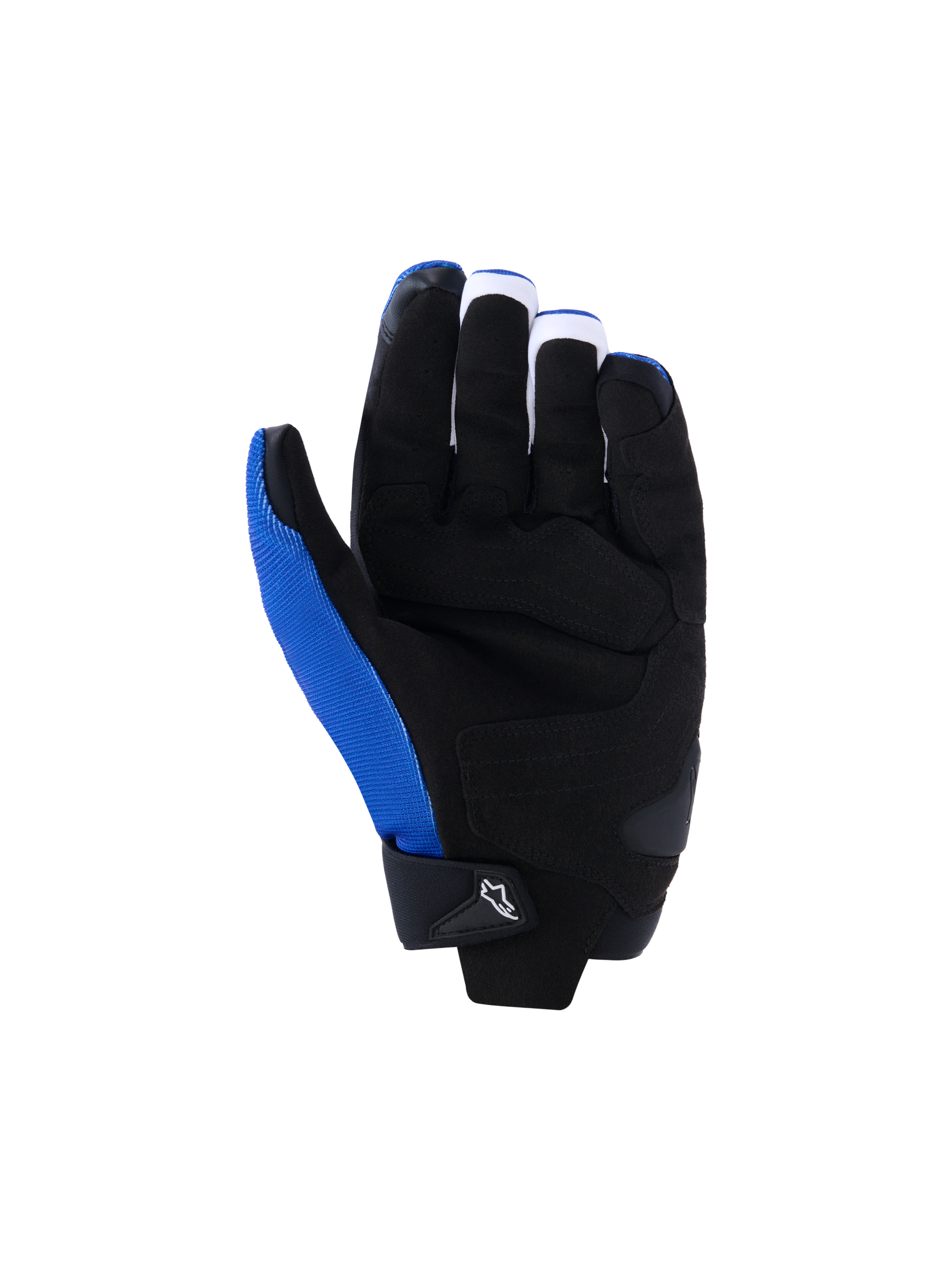 Alpinestars FQ20 SP X 1 Gloves, Motorcycle Gloves, Blue Black and Red Fluo, palm view featuring black synthetic leather construction, reinforced grip panels and strike zones, blue textile on the thumb side, sleek sport racing design