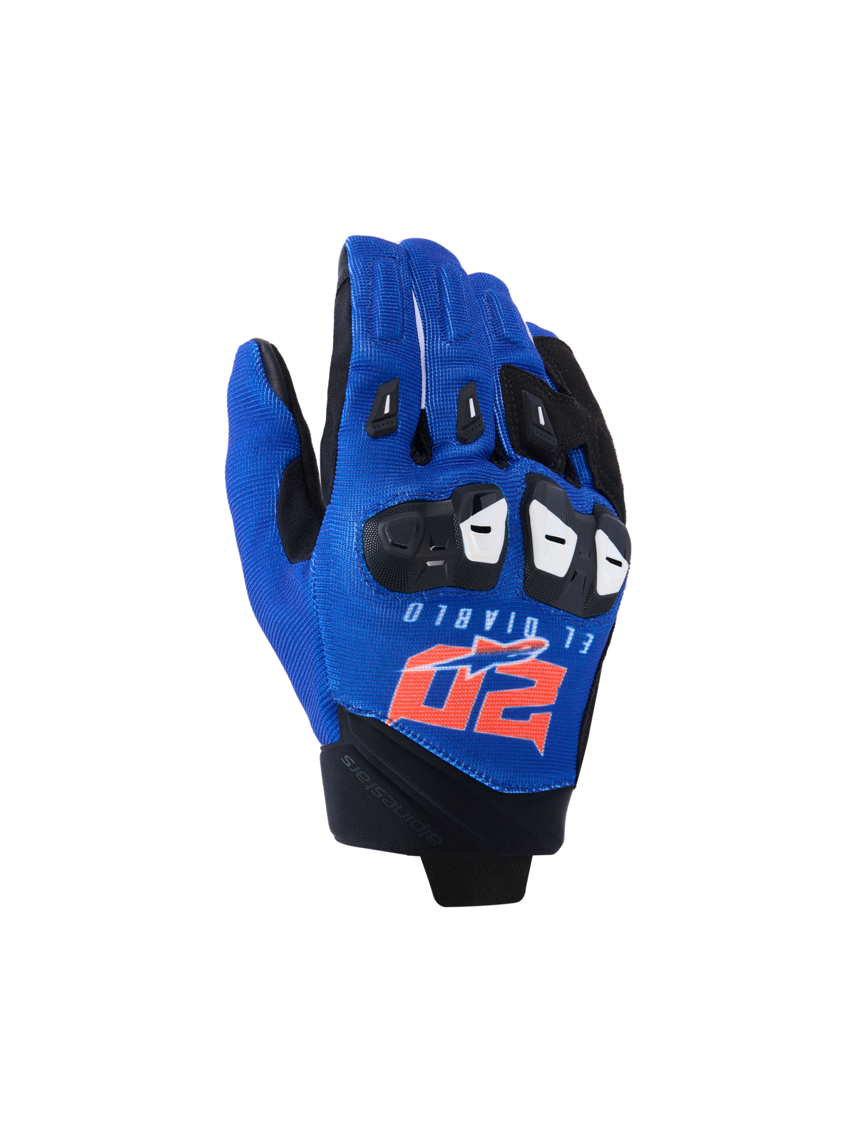 Guantes Alpinestars FQ20 SP X 1, guantes deportivos de motociclismo, azul, negro y rojo flúor, con los logotipos de El Diablo y el número 20 en el dorso, parte superior de malla textil con protección negra en los nudillos, diseño aerodinámico para competición y conducción deportiva