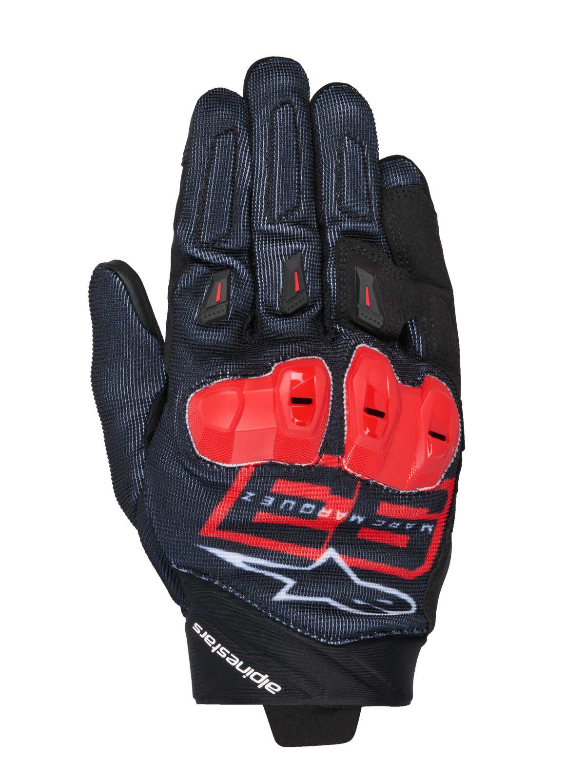 Guantes MM93 Spx 1, guantes de competición para moto, negros con detalles en rojo brillante y blanco, protecciones de nudillos rojas, con el logotipo 93 de Marc Márquez y la marca Alpinestars, tejido texturizado con un diseño deportivo de alto rendimiento