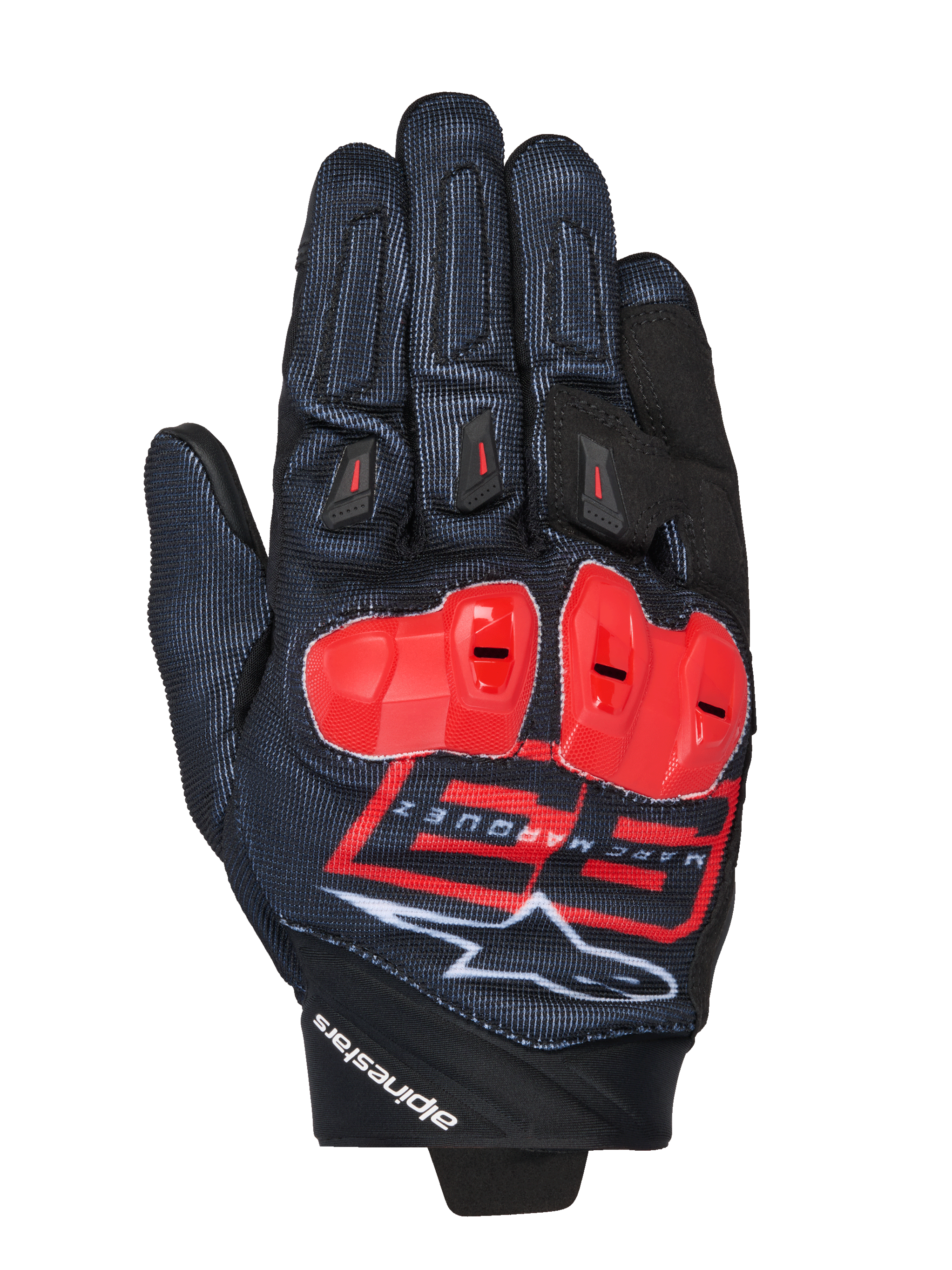 Guantes MM93 Spx 1, guantes de competición para moto, negros con detalles en rojo brillante y blanco, protecciones de nudillos rojas, con el logotipo 93 de Marc Márquez y la marca Alpinestars, tejido texturizado con un diseño deportivo de alto rendimiento