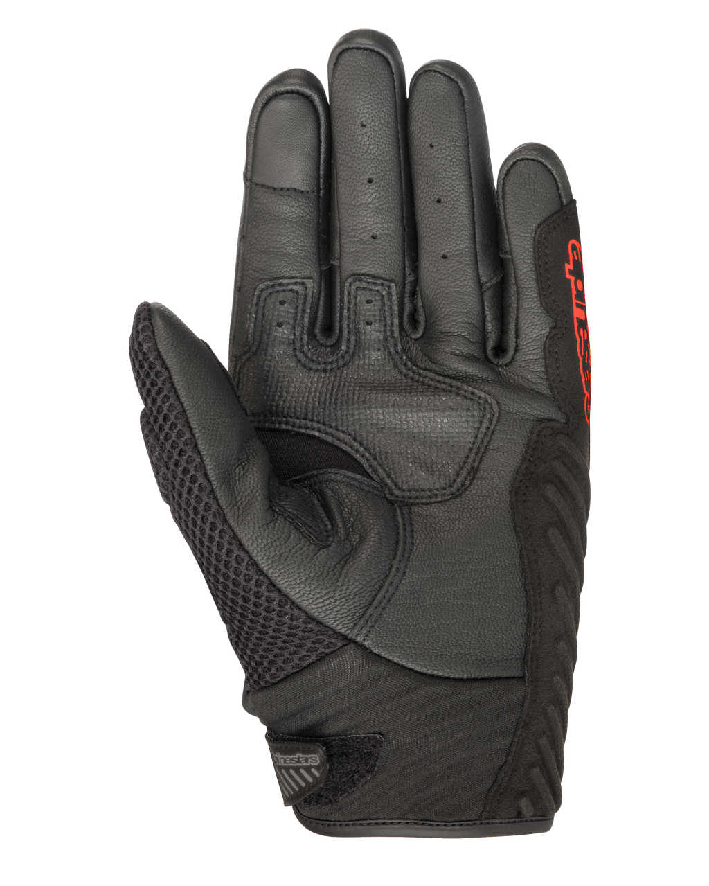 Guantes Alpinestars SMX-1 Air V2, negro y rojo flúor, vista de la palma que muestra cuero perforado, panel de malla en el pulgar, zonas de agarre reforzadas y marca en rojo, diseñados para la conducción de motocicletas por carretera en verano