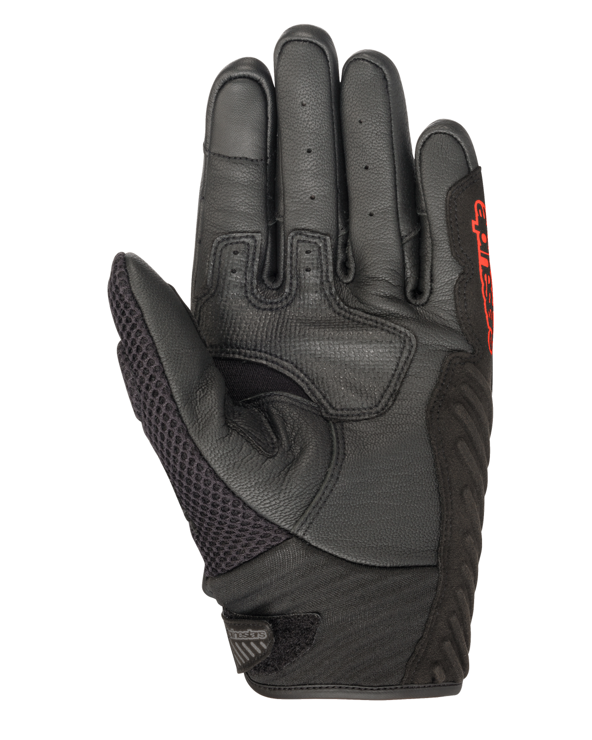 Guantes Alpinestars SMX-1 Air V2, negro y rojo flúor, vista de la palma que muestra cuero perforado, panel de malla en el pulgar, zonas de agarre reforzadas y marca en rojo, diseñados para la conducción de motocicletas por carretera en verano