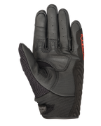Guantes Alpinestars SMX-1 Air V2, negro y rojo flúor, vista de la palma que muestra cuero perforado, panel de malla en el pulgar, zonas de agarre reforzadas y marca en rojo, diseñados para la conducción de motocicletas por carretera en verano