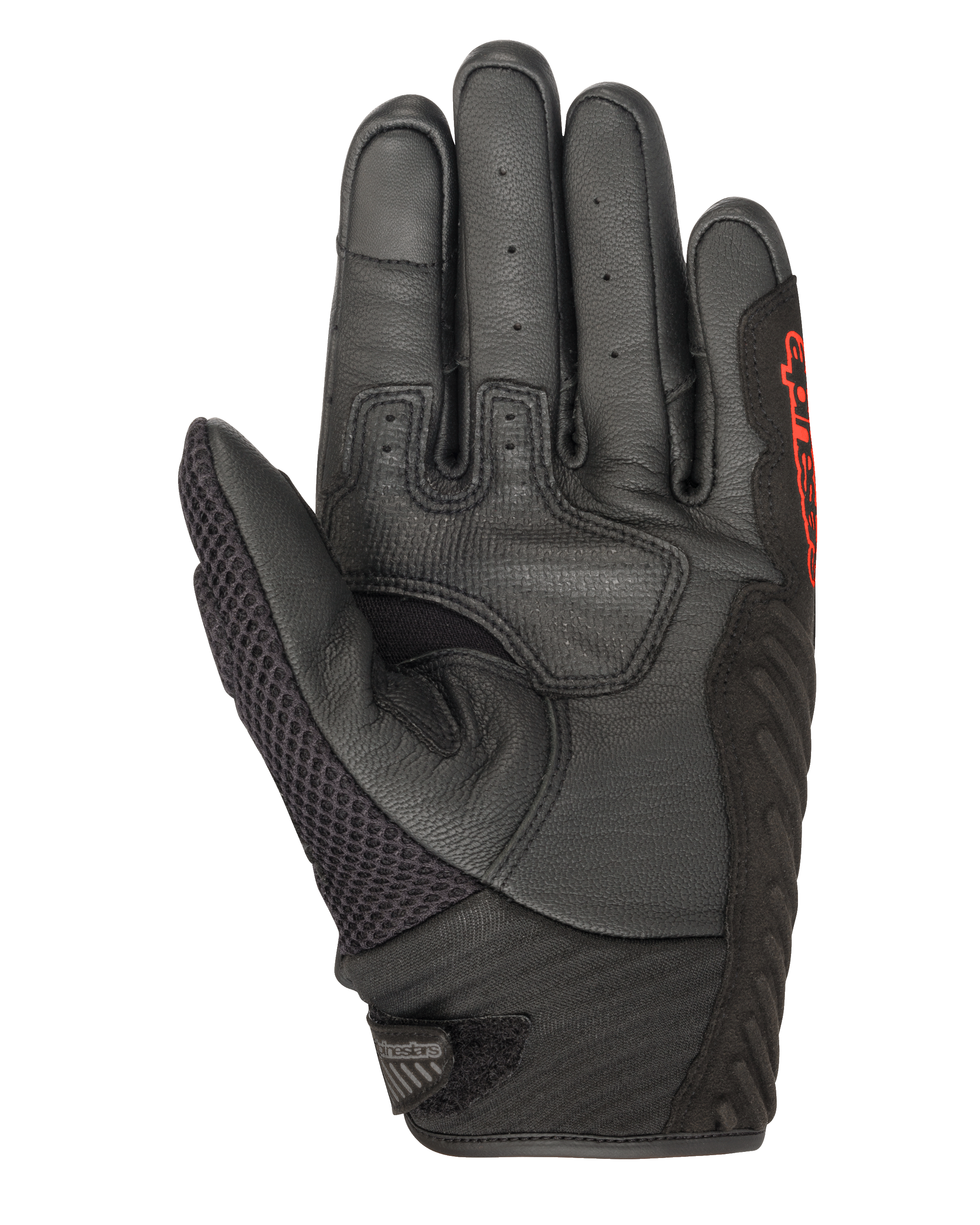 Guantes Alpinestars SMX-1 Air V2, negro y rojo flúor, vista de la palma que muestra cuero perforado, panel de malla en el pulgar, zonas de agarre reforzadas y marca en rojo, diseñados para la conducción de motocicletas por carretera en verano