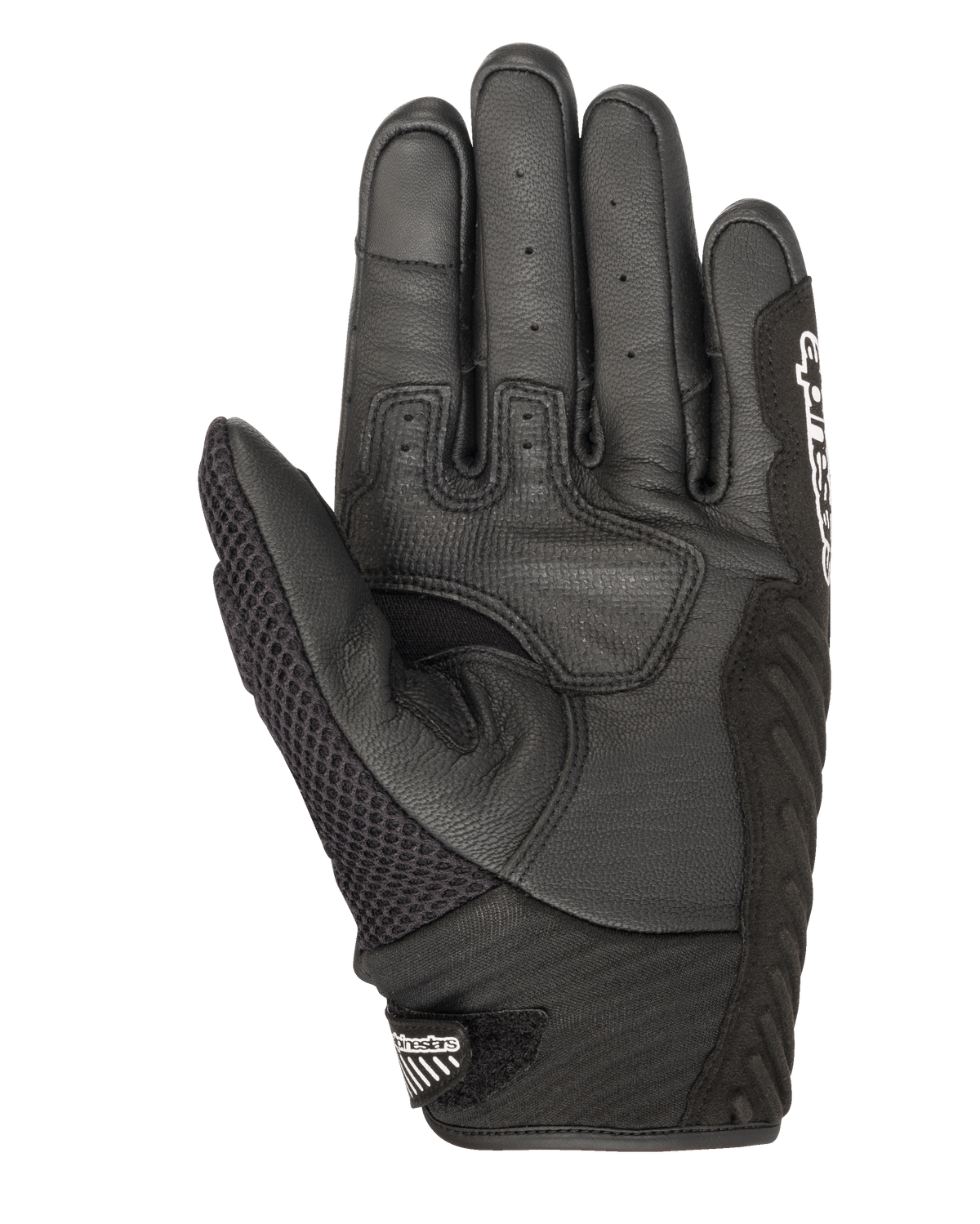 Guantes Alpinestars SMX-1 Air V2, guantes de moto negros, vista de la palma con cuero perforado y construcción de malla de aire, zonas de agarre reforzadas, puño corto con logo de Alpinestars en el cierre