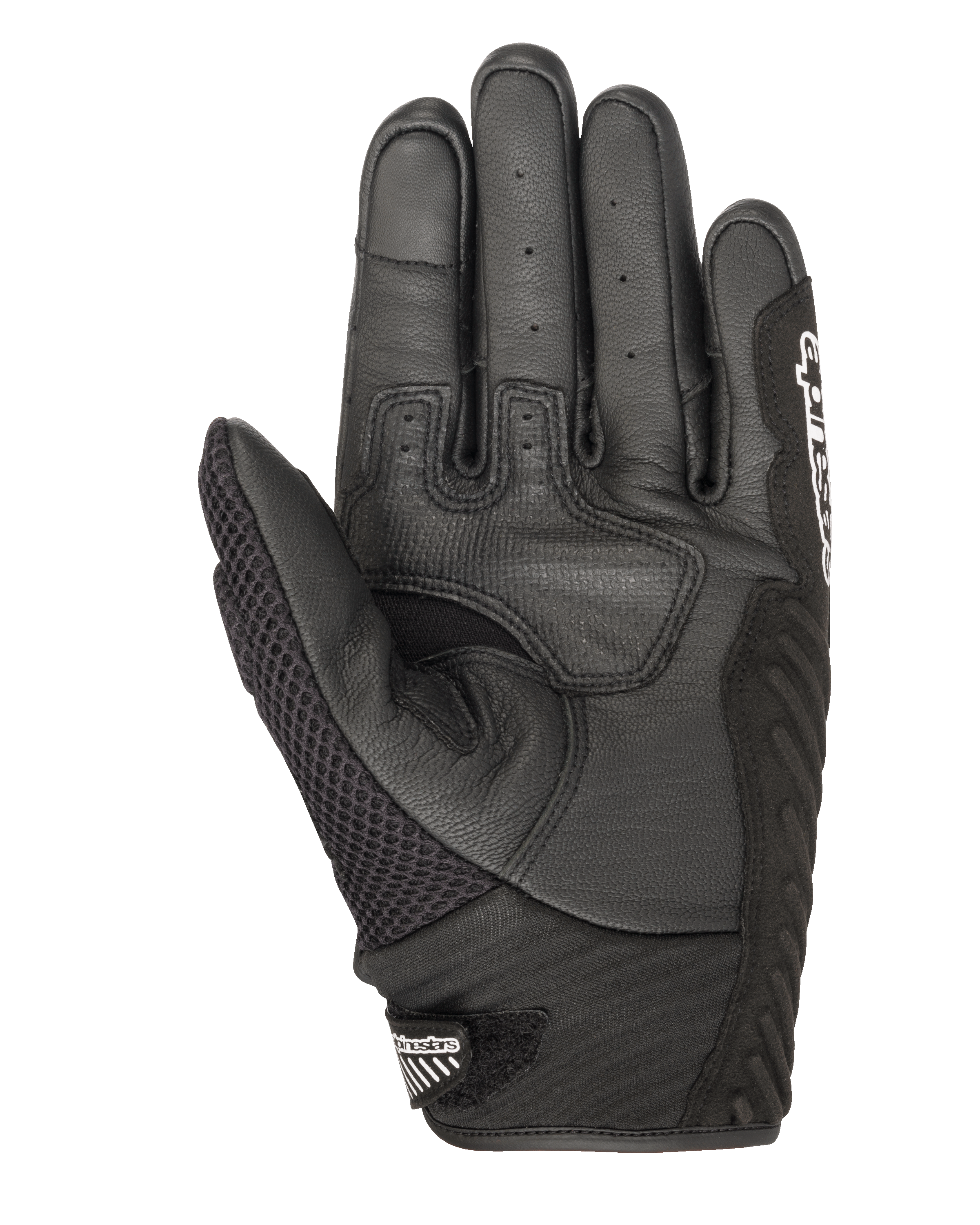 Guantes Alpinestars SMX-1 Air V2, guantes de moto negros, vista de la palma con cuero perforado y construcción de malla de aire, zonas de agarre reforzadas, puño corto con logo de Alpinestars en el cierre