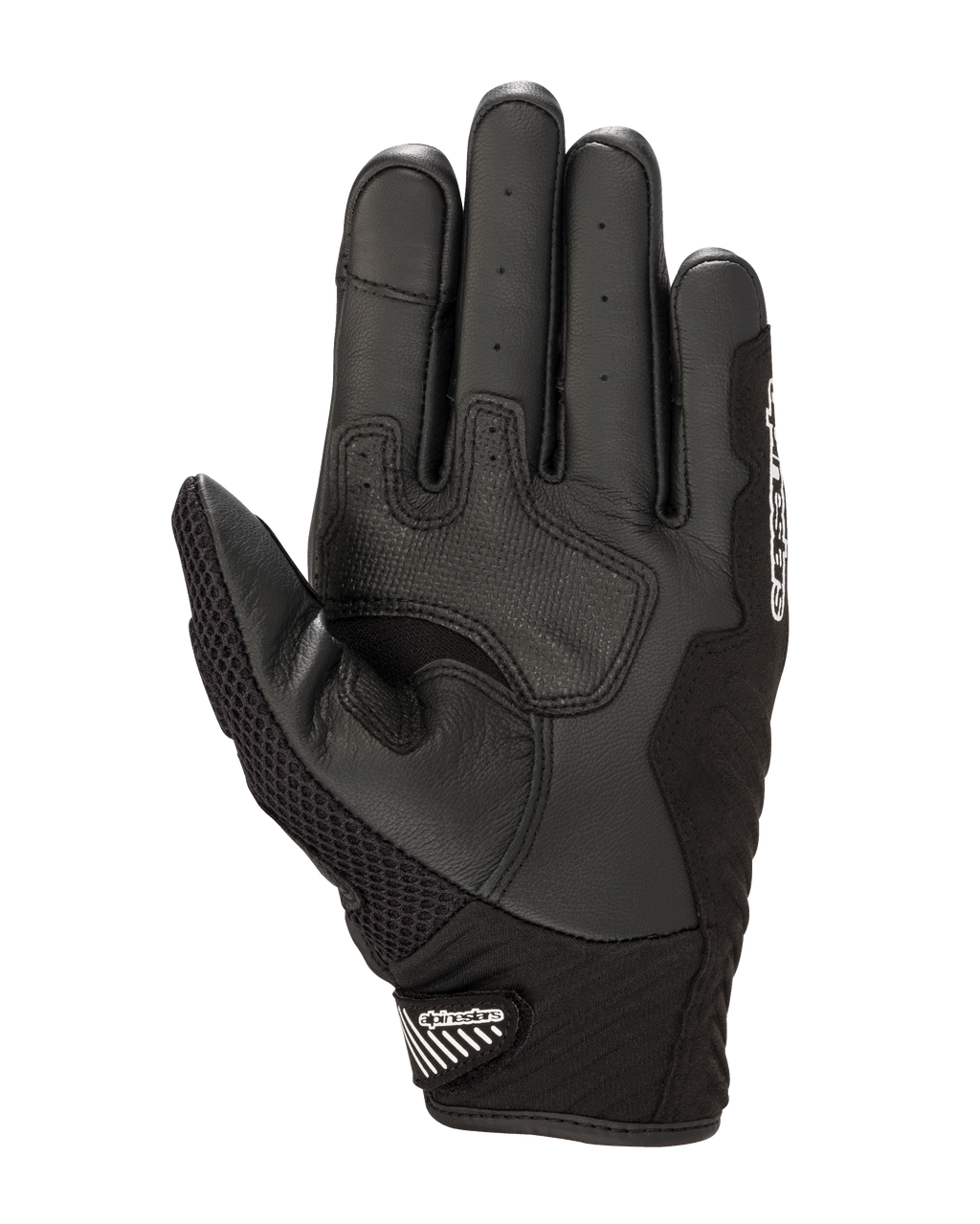Alpinestars SMX-1 Air V2 Gloves, Palm View, Black and White, featuring reinforced leather grip zones, perforated palm area for ventilation, and a secure short cuff with velcro closure.
