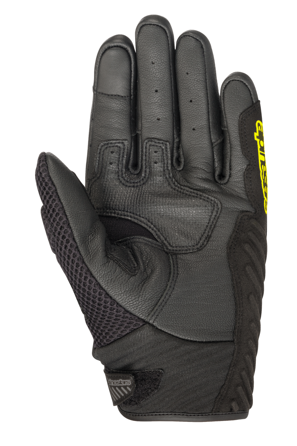 Guantes Alpinestars SMX-1 Air V2, guantes de moto de puño corto, negro y amarillo flúor, vista de la palma con dedos de cuero perforado, panel de malla en el pulgar y zona de agarre reforzada, diseñados para la conducción en carretera en verano