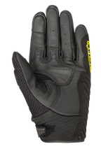 Guantes Alpinestars SMX-1 Air V2, guantes de moto de puño corto, negro y amarillo flúor, vista de la palma con dedos de cuero perforado, panel de malla en el pulgar y zona de agarre reforzada, diseñados para la conducción en carretera en verano
