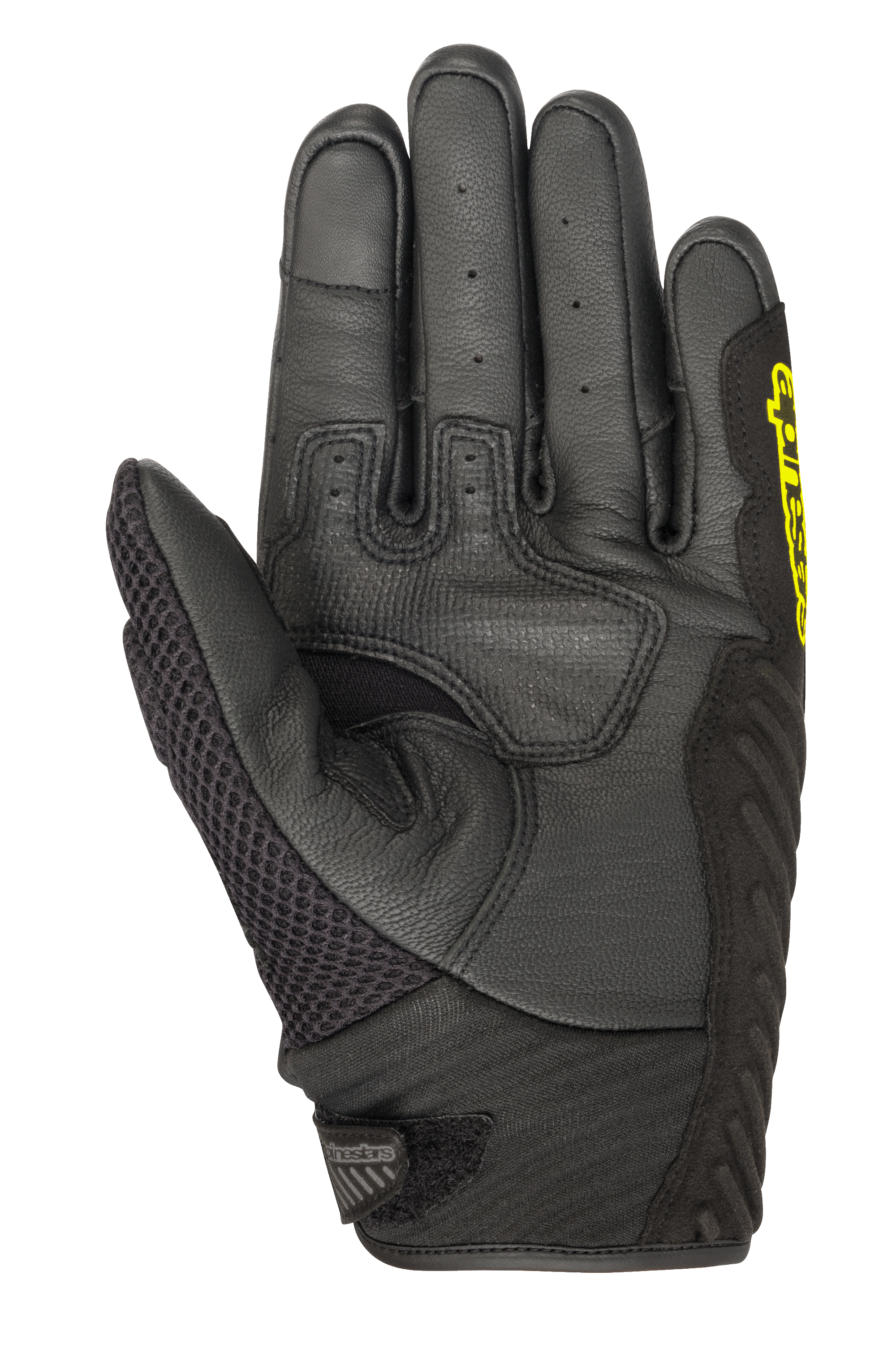 Guantes Alpinestars SMX-1 Air V2, guantes de moto de puño corto, negro y amarillo flúor, vista de la palma con dedos de cuero perforado, panel de malla en el pulgar y zona de agarre reforzada, diseñados para la conducción en carretera en verano