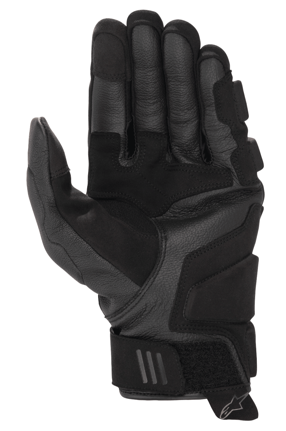Guantes Alpinestars Phenom Leather Air, negros, vista de la palma con confección en cuero de cabra de primera calidad, zonas de agarre reforzadas y cierre de velcro ajustable en la muñeca.