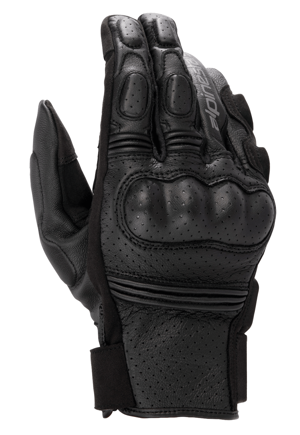 Alpinestars Phenom Leather Air Gloves, guantes de moto negros, confección en cuero de cabra perforado, protección de nudillos rígida integrada, inserciones elásticas de acordeón en los dedos y cierre de puño corto
