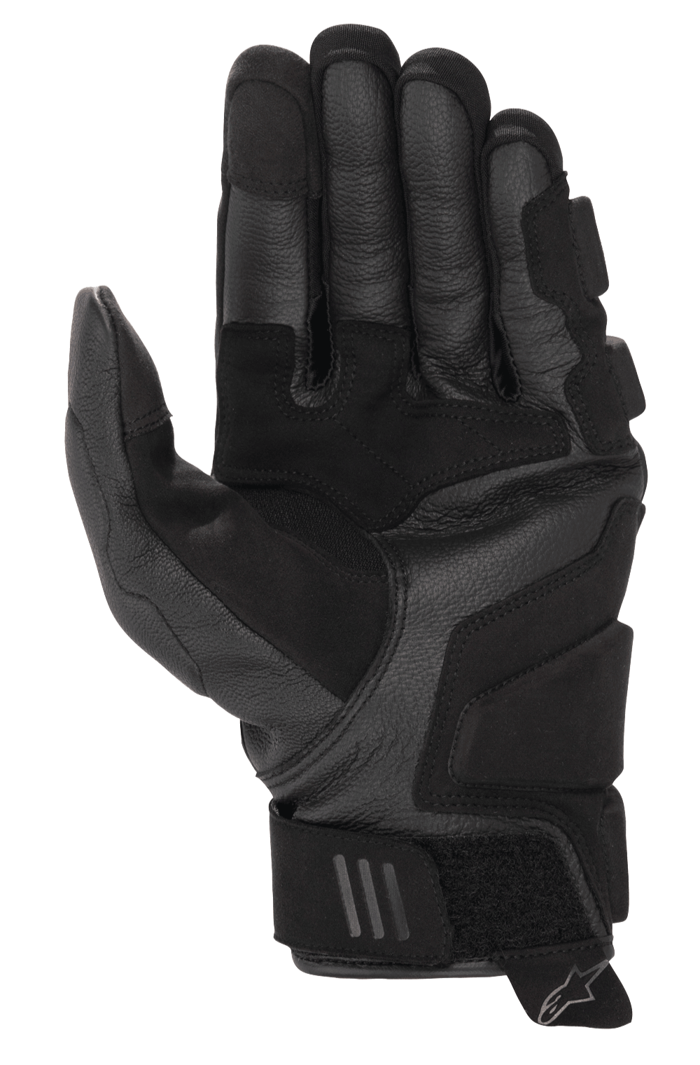 Guantes de cuero Alpinestars Phenom Air, guantes de moto, negros, vista de la palma con confección en cuero de cabra de primera calidad, acolchado reforzado y correa de muñeca ajustable con logo